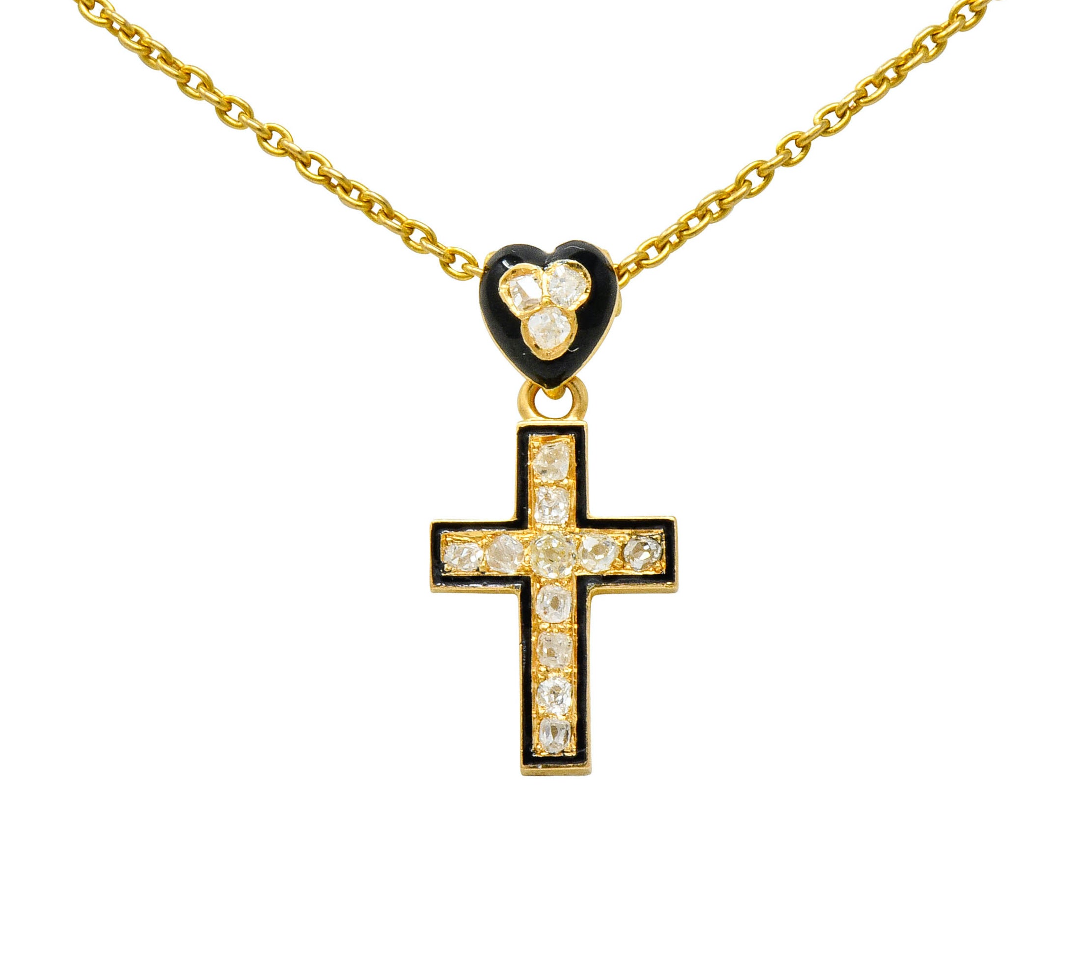 Victorian Diamond Enamel 18 Karat Gold Mourning Heart Cross Necklace - Wilson's Estate Jewelry