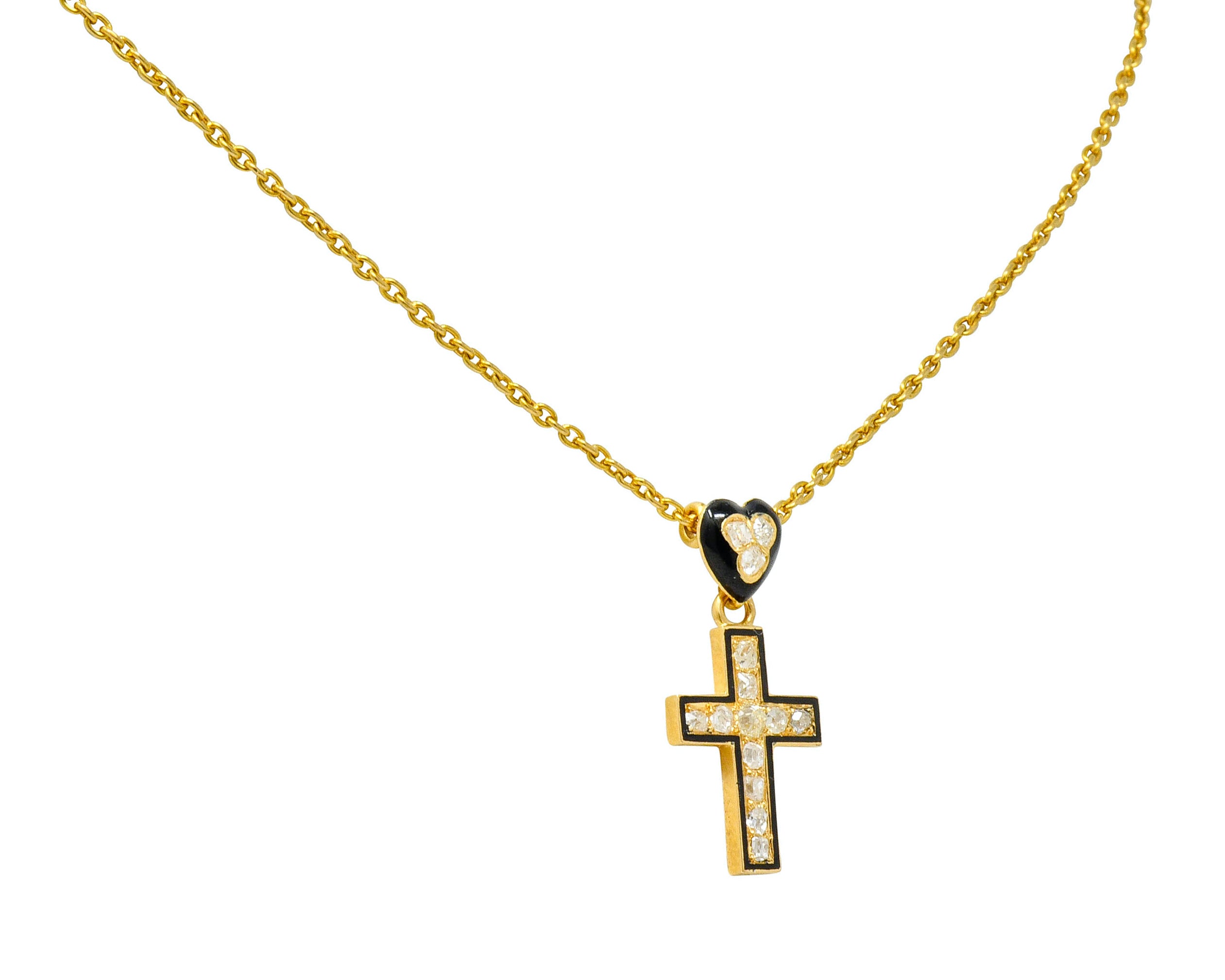 Victorian Diamond Enamel 18 Karat Gold Mourning Heart Cross Necklace - Wilson's Estate Jewelry