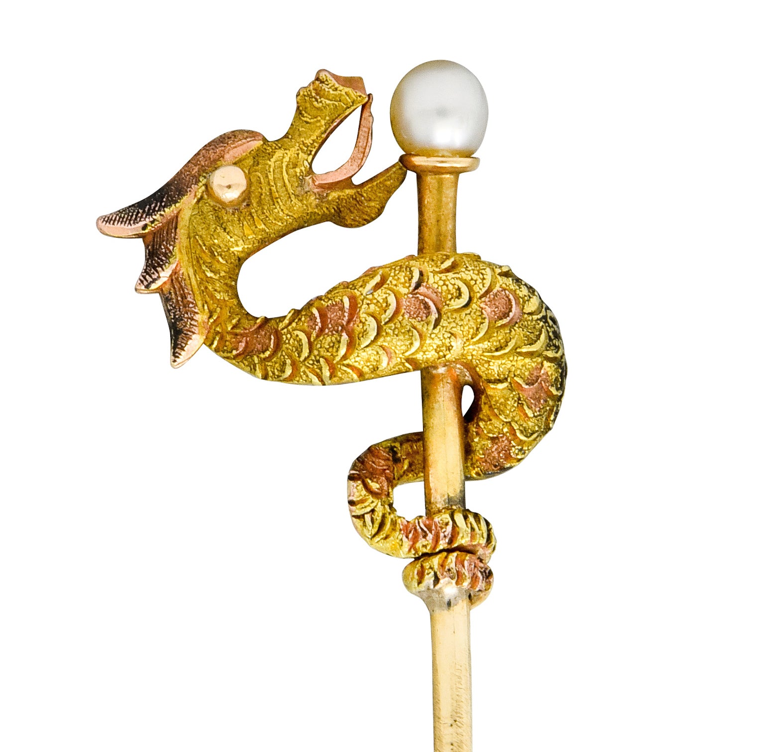 Carter & Gough Art Nouveau Pearl 14 Karat Tri-Colored Gold Winding Serpent Stickpin - Wilson's Estate Jewelry