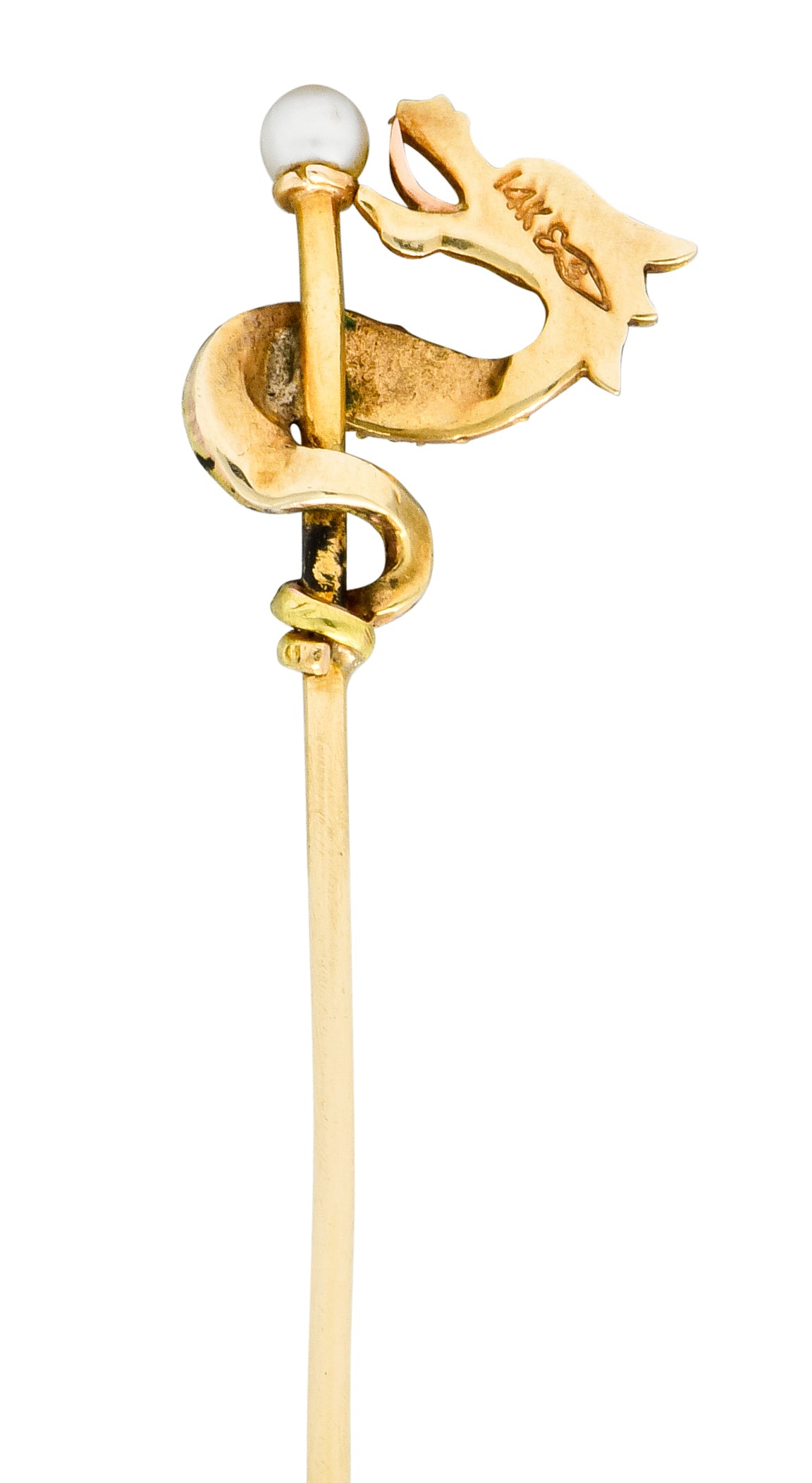 Carter & Gough Art Nouveau Pearl 14 Karat Tri-Colored Gold Winding Serpent Stickpin - Wilson's Estate Jewelry