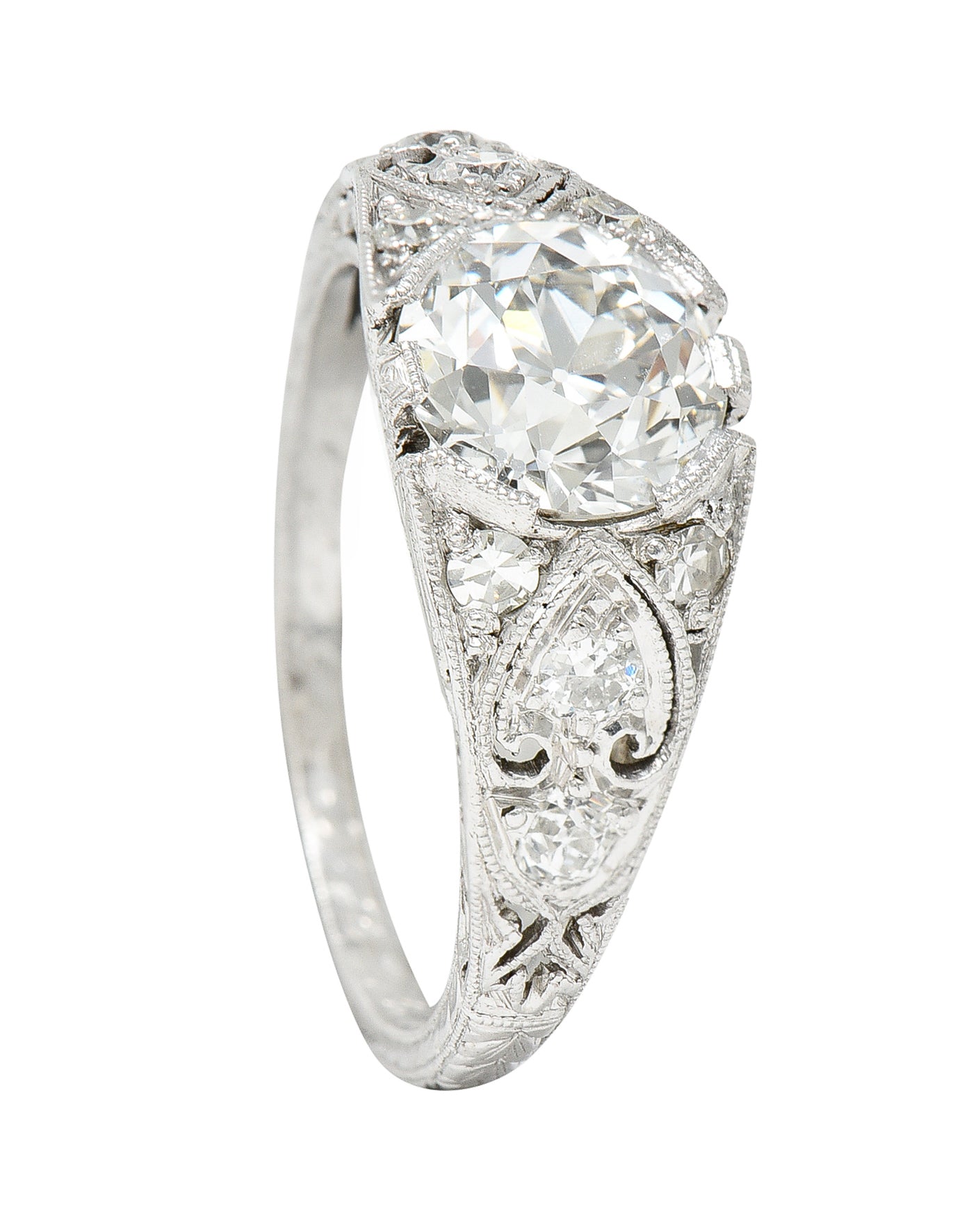 1923 Art Deco 1.34 CTW Diamond Platinum Scrolled Wheat Engagement Ring GIA Wilson's Estate Jewelry