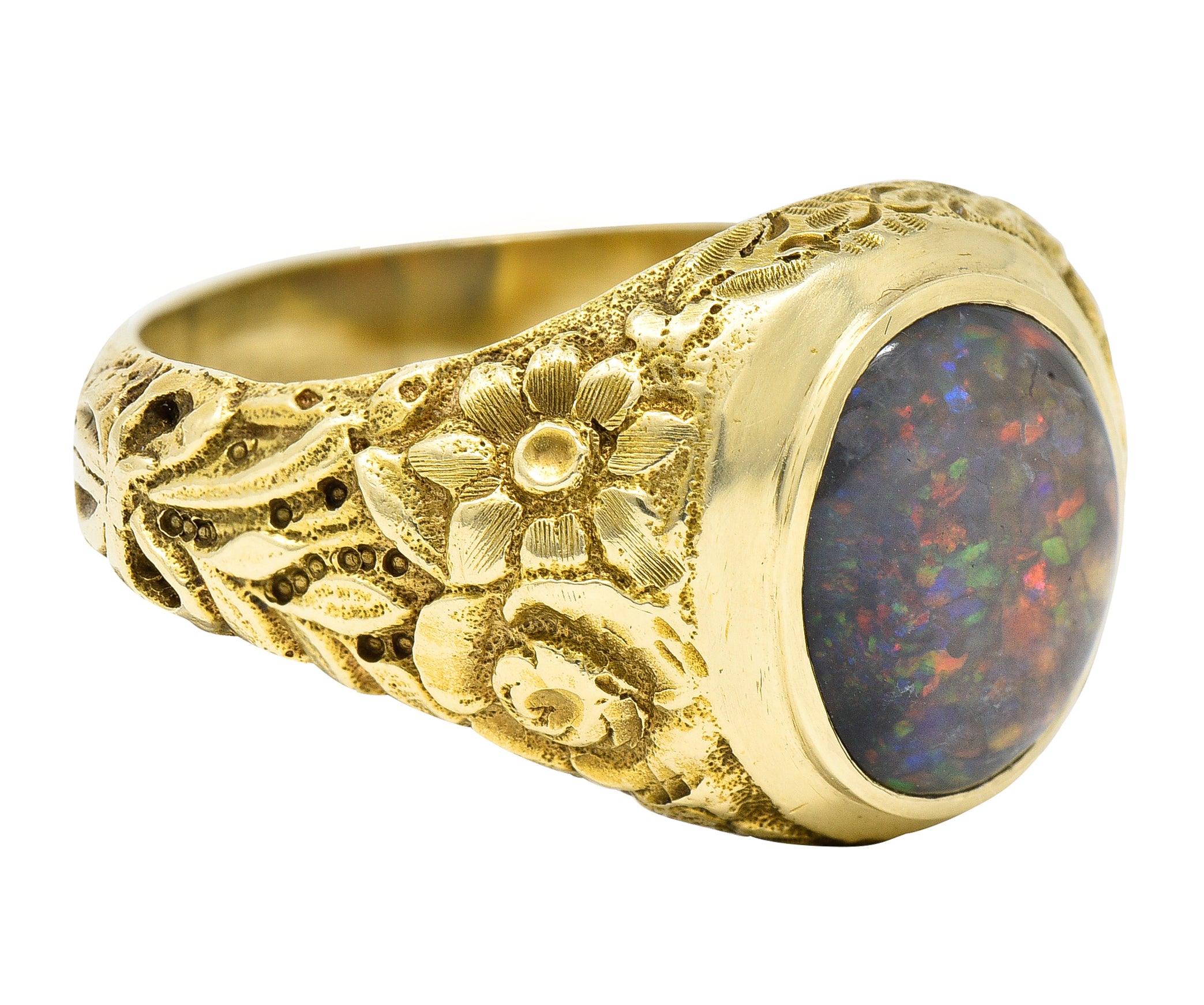 Late Victorian Black Opal 14 Karat Gold Unisex Floral Signet Ring Wilson's Estate Jewelry