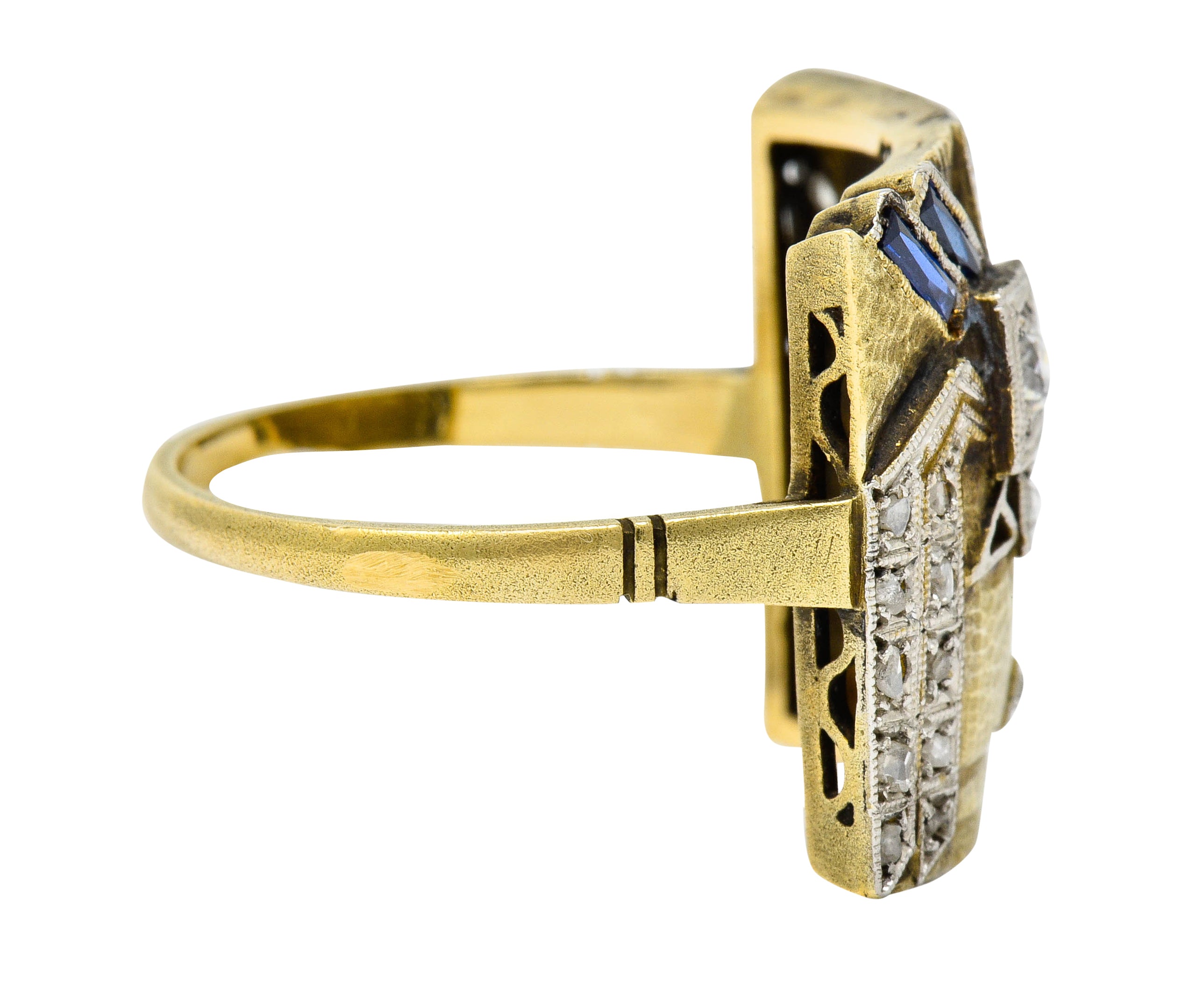 1920's Early Art Deco Diamond Sapphire Platinum-Topped 18 Karat Gold Egyptian Revival Ring - Wilson's Estate Jewelry