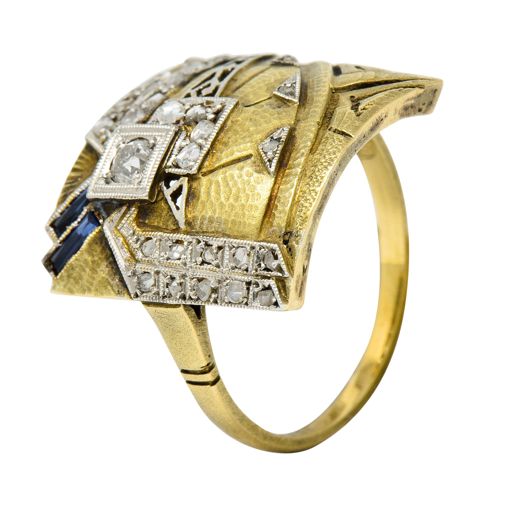 1920's Early Art Deco Diamond Sapphire Platinum-Topped 18 Karat Gold Egyptian Revival Ring - Wilson's Estate Jewelry