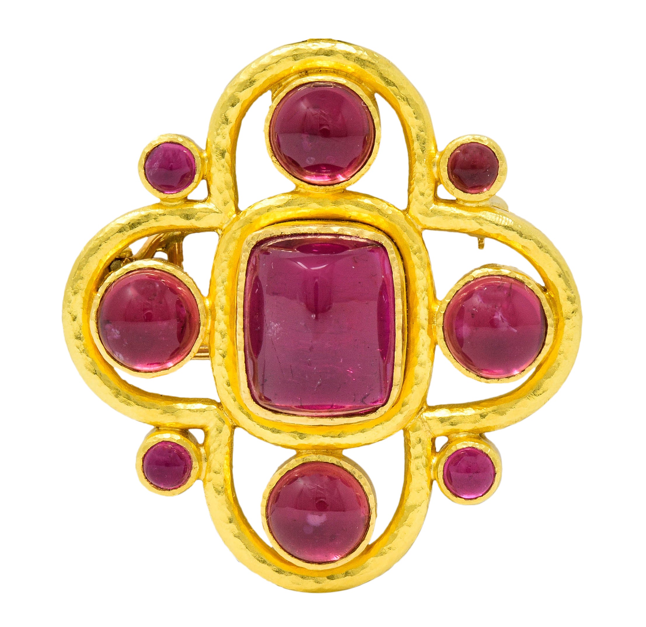 Elizabeth Locke Pink Tourmaline 19 Karat Hammered Gold Quatrefoil Pendant Brooch - Wilson's Estate Jewelry