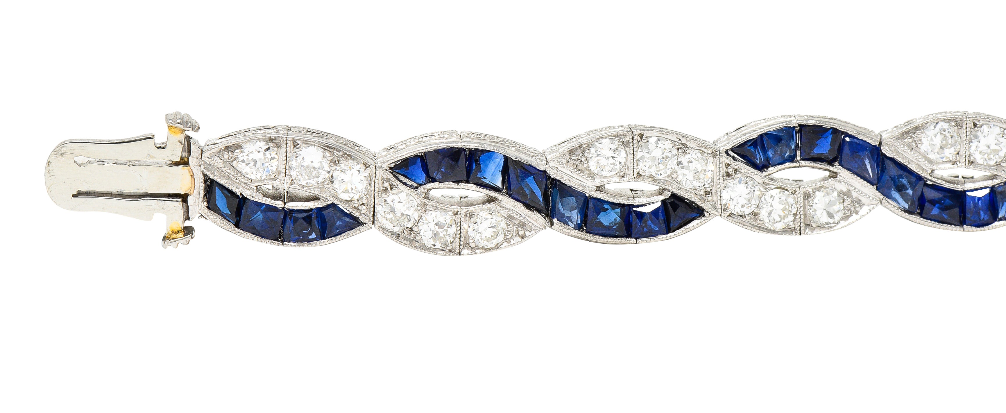 Art Deco 9.27 CTW French Cut Sapphire Diamond Platinum Braided Ribbon Gemstone Line Bracelet Wilson's Estate Jewelry