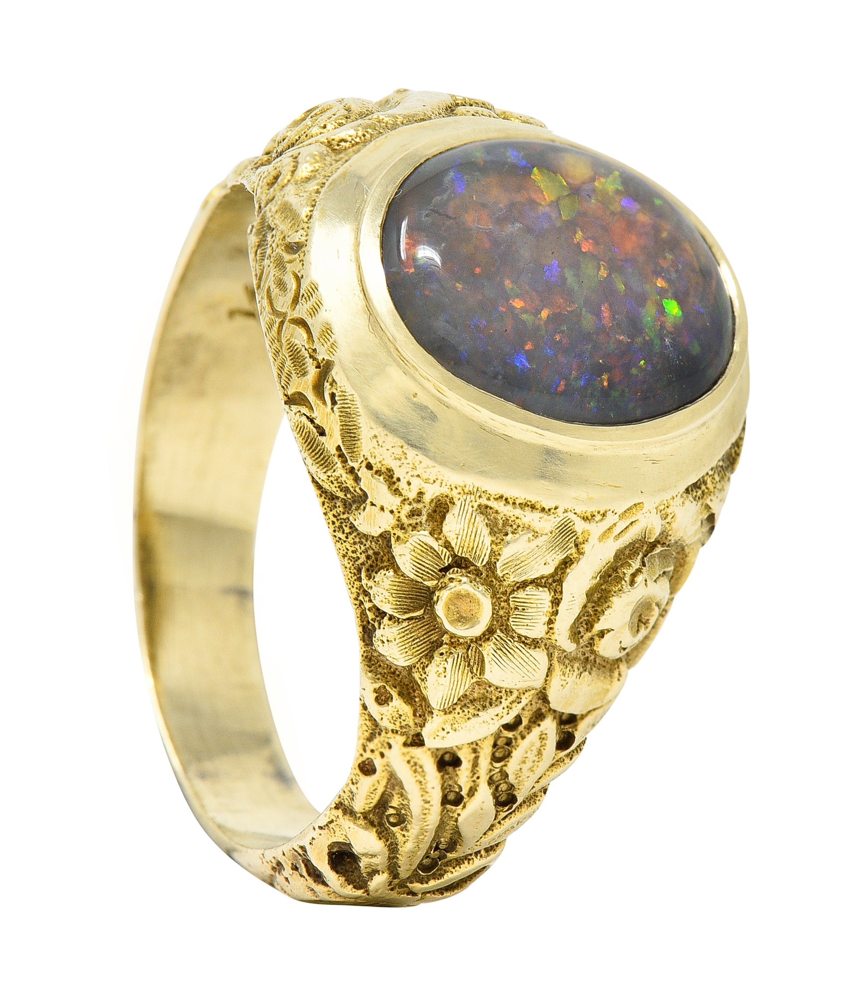 Late Victorian Black Opal 14 Karat Gold Unisex Floral Signet Ring Wilson's Estate Jewelry