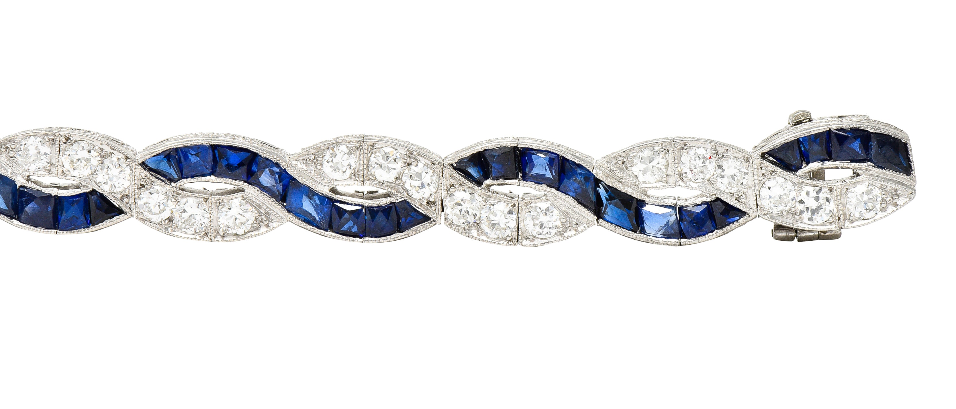 Art Deco 9.27 CTW French Cut Sapphire Diamond Platinum Braided Ribbon Gemstone Line Bracelet Wilson's Estate Jewelry