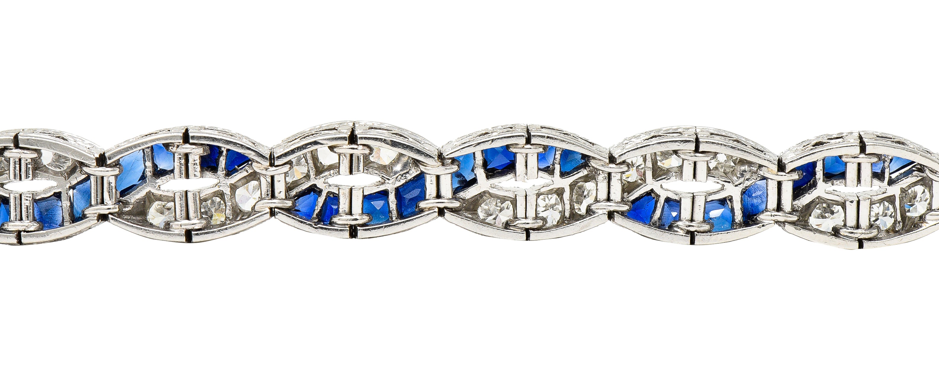 Art Deco 9.27 CTW French Cut Sapphire Diamond Platinum Braided Ribbon Gemstone Line Bracelet Wilson's Estate Jewelry