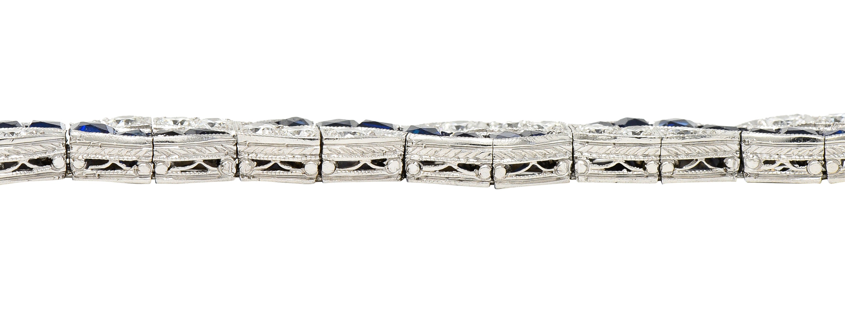 Art Deco 9.27 CTW French Cut Sapphire Diamond Platinum Braided Ribbon Gemstone Line Bracelet Wilson's Estate Jewelry