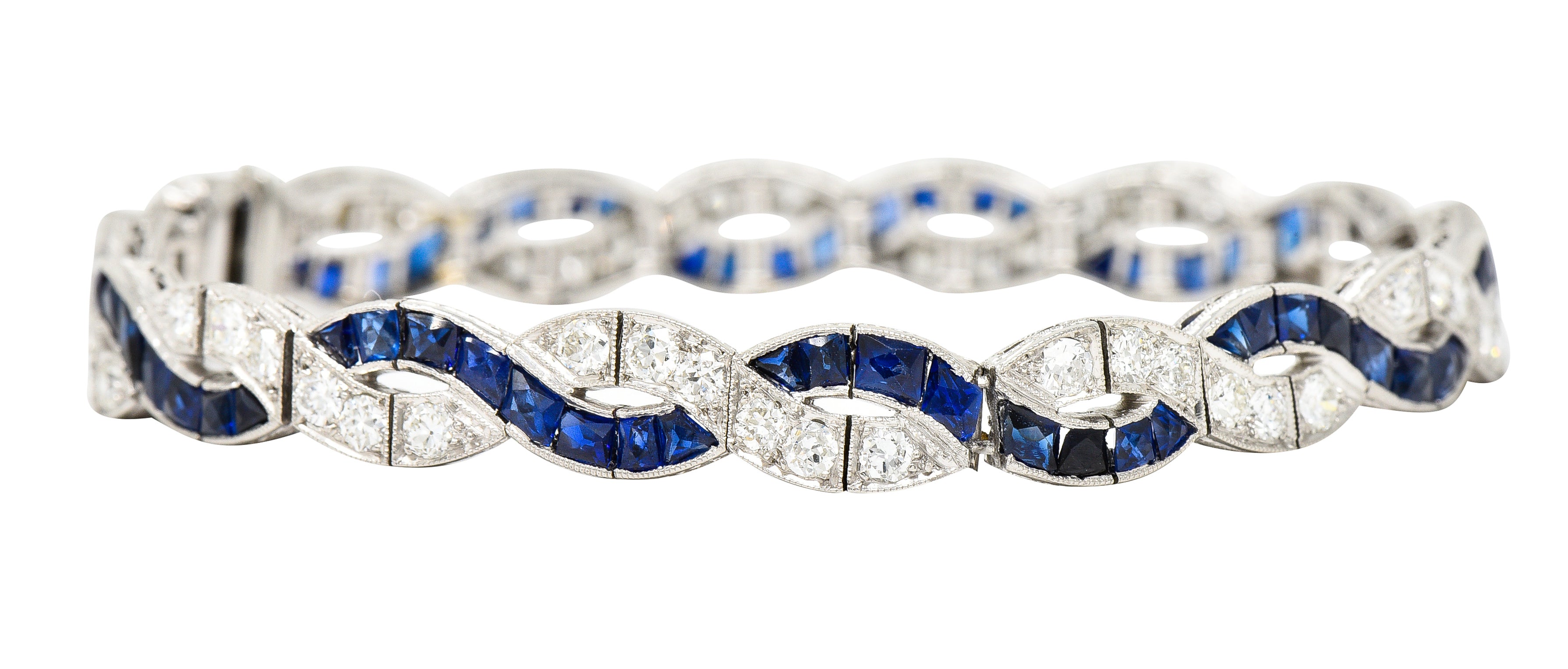 Art Deco 9.27 CTW French Cut Sapphire Diamond Platinum Braided Ribbon Gemstone Line Bracelet Wilson's Estate Jewelry