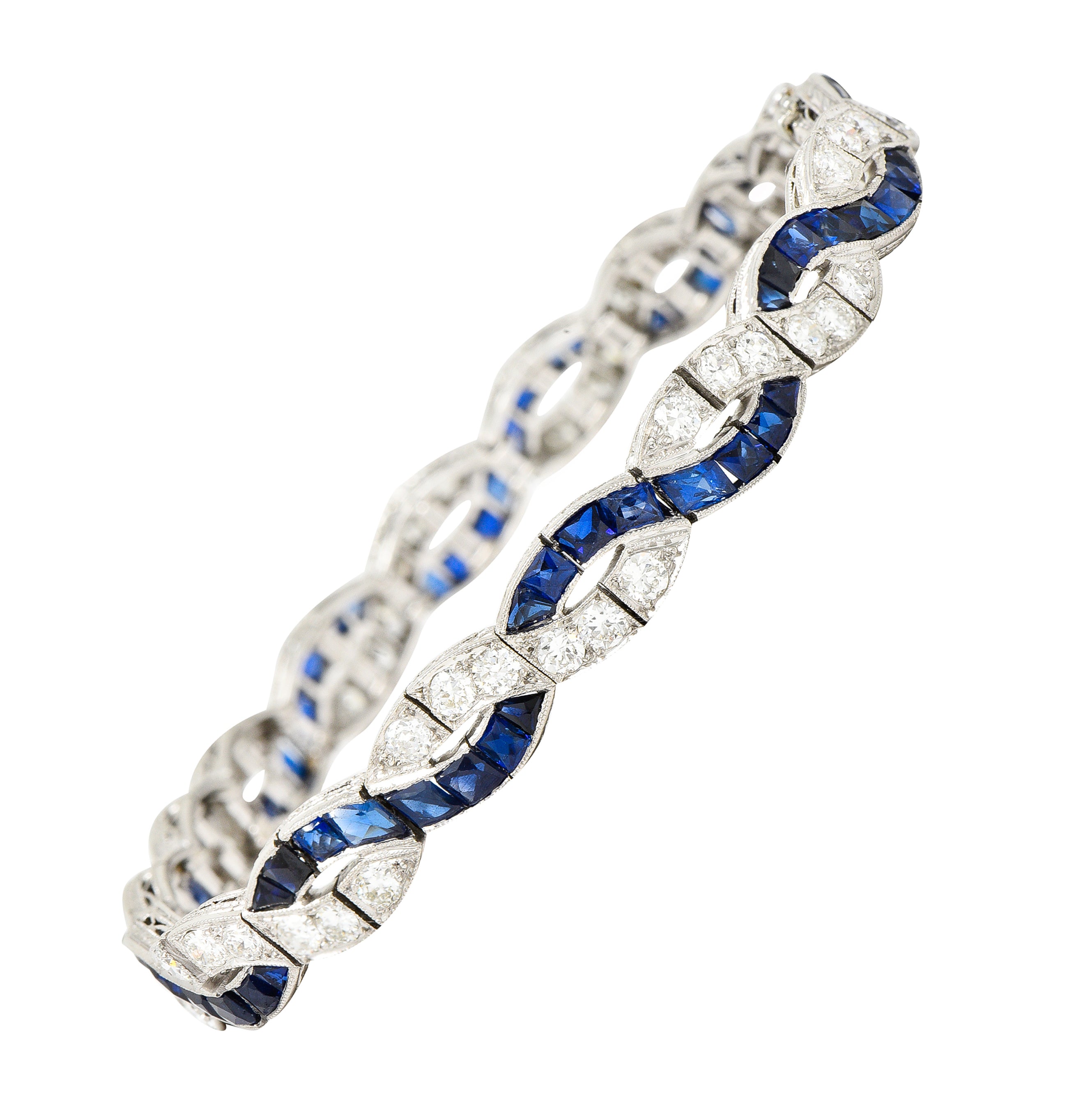 Art Deco 9.27 CTW French Cut Sapphire Diamond Platinum Braided Ribbon Gemstone Line Bracelet Wilson's Estate Jewelry