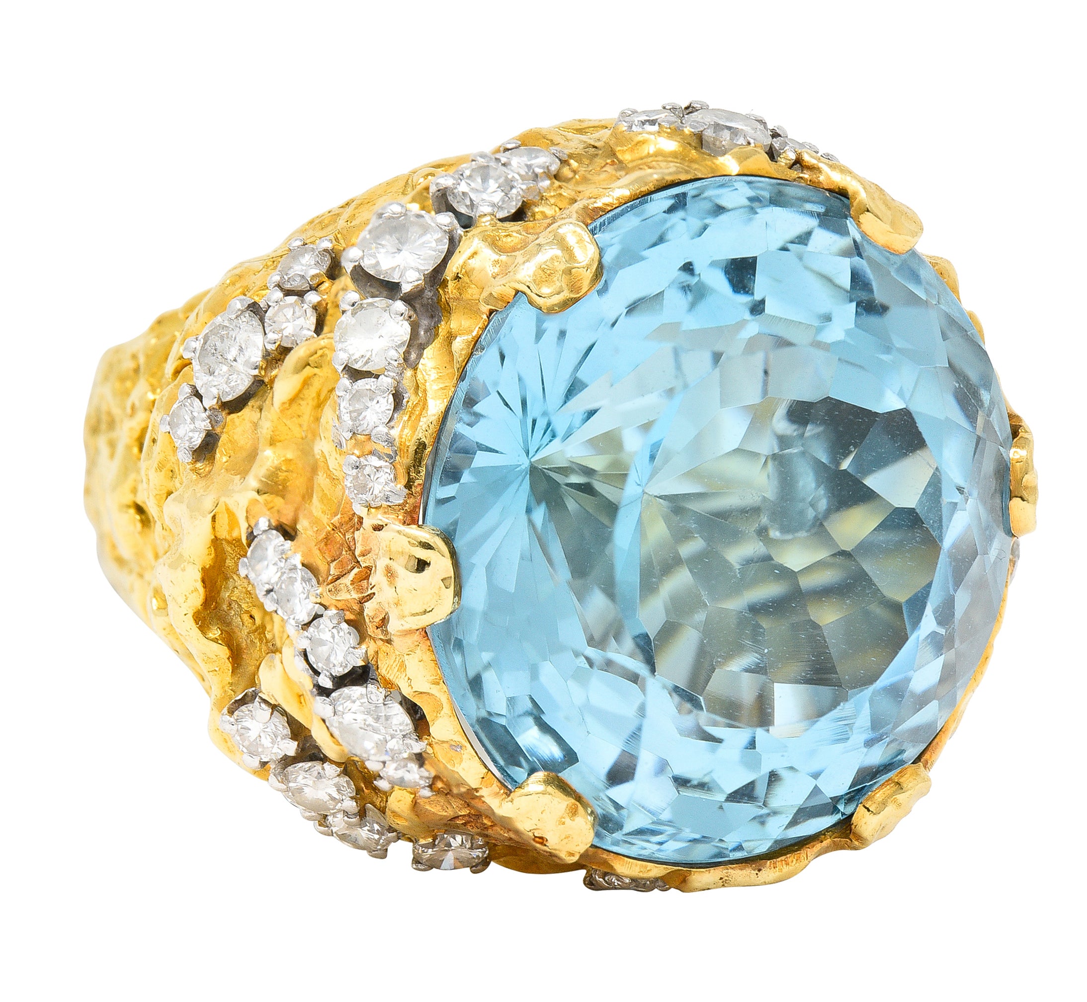 David Webb 1970's 43.10 CTW Aquamarine Diamond Platinum 18 Karat Yellow Gold Substantial Vintage Cocktail Ring Wilson's Estate Jewelry