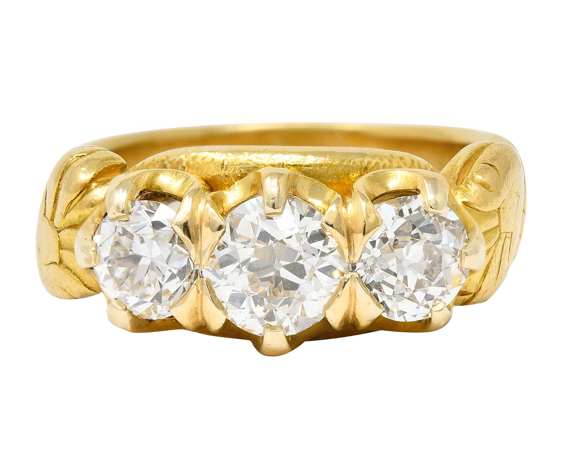 Tiffany & Co. Victorian 1.40 CTW Old European Cut Diamond 18 Karat Yellow Gold Snake Belcher Set Antique Three Stone Ring Wilson's Estate Jewelry