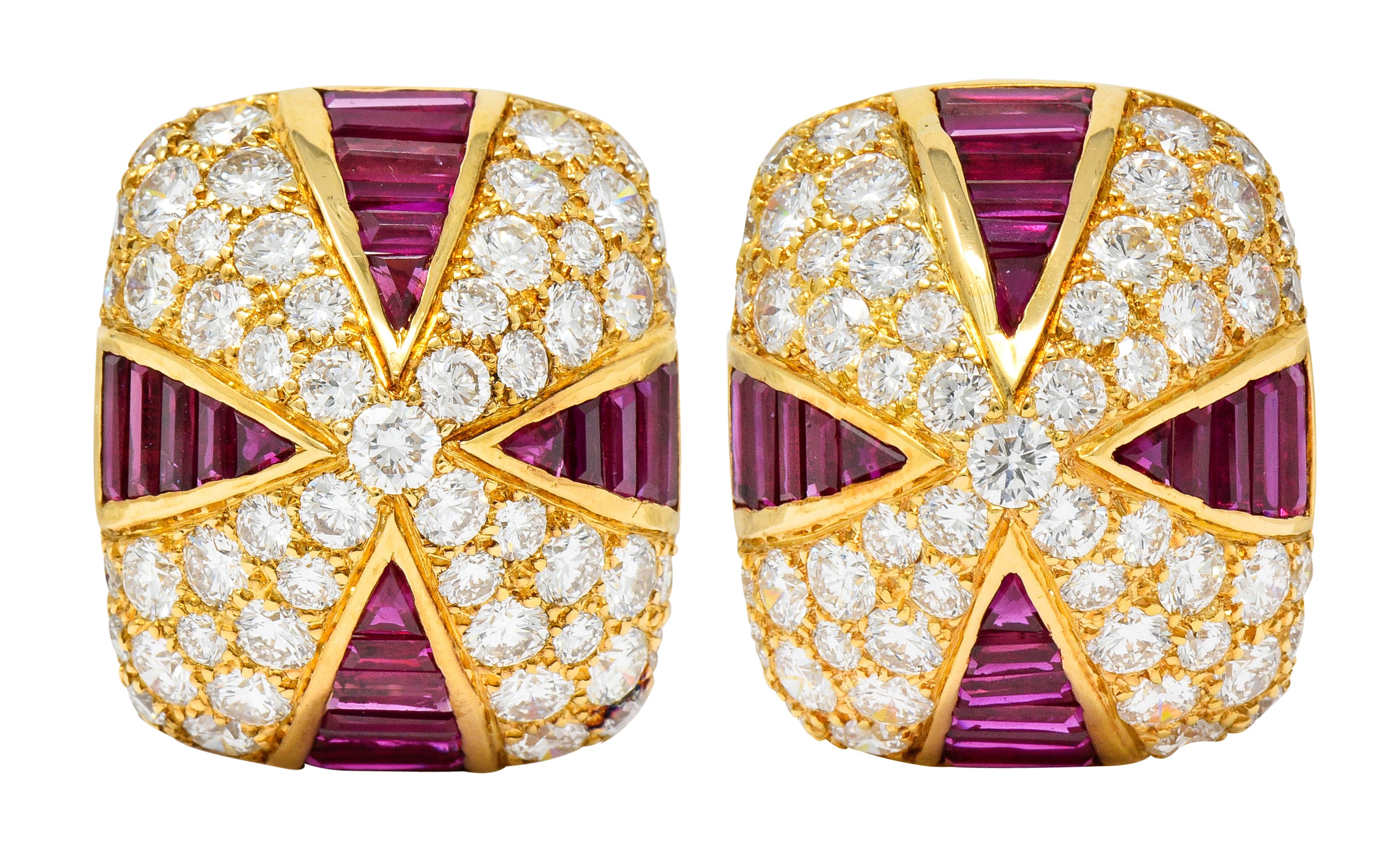 Oscar Heyman 9.02 CTW Diamond Ruby 18 Karat Gold Pave Pyramidal Ear-Clip Earrings - Wilson's Estate Jewelry