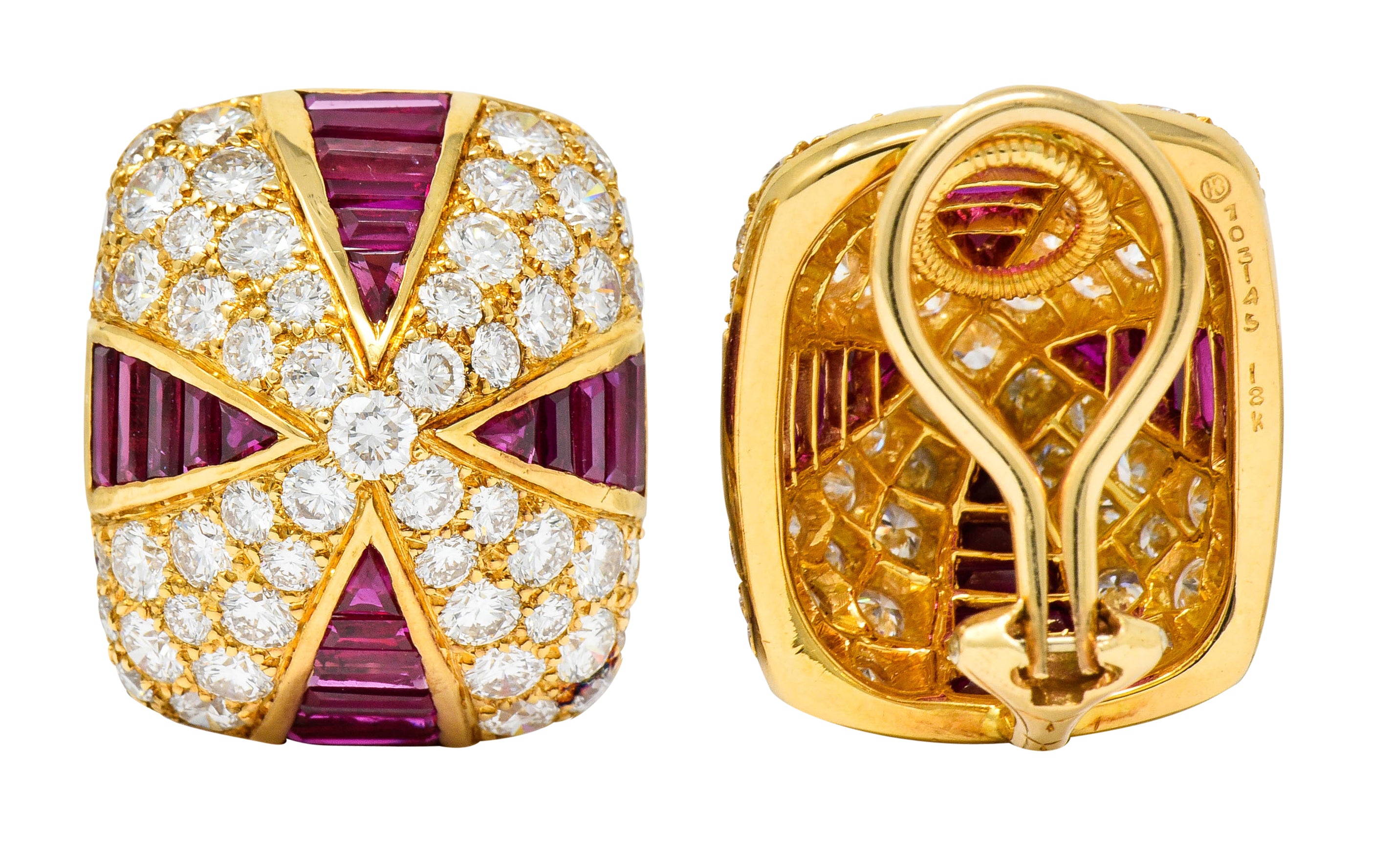 Oscar Heyman 9.02 CTW Diamond Ruby 18 Karat Gold Pave Pyramidal Ear-Clip Earrings - Wilson's Estate Jewelry