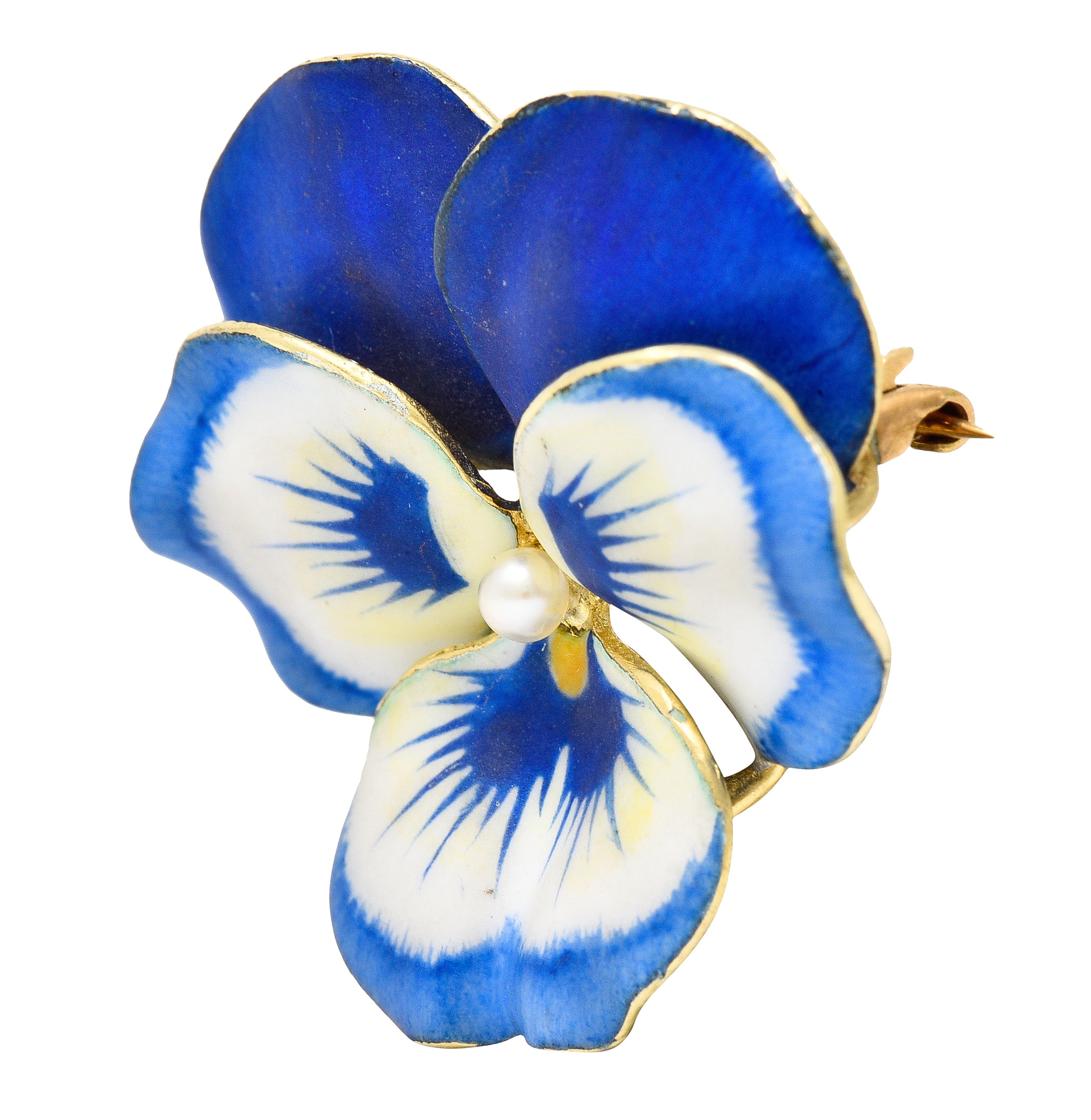 Art Nouveau Pearl Enamel 14 Karat Yellow Gold Blue Pansy Antique Brooch Wilson's Estate Jewelry