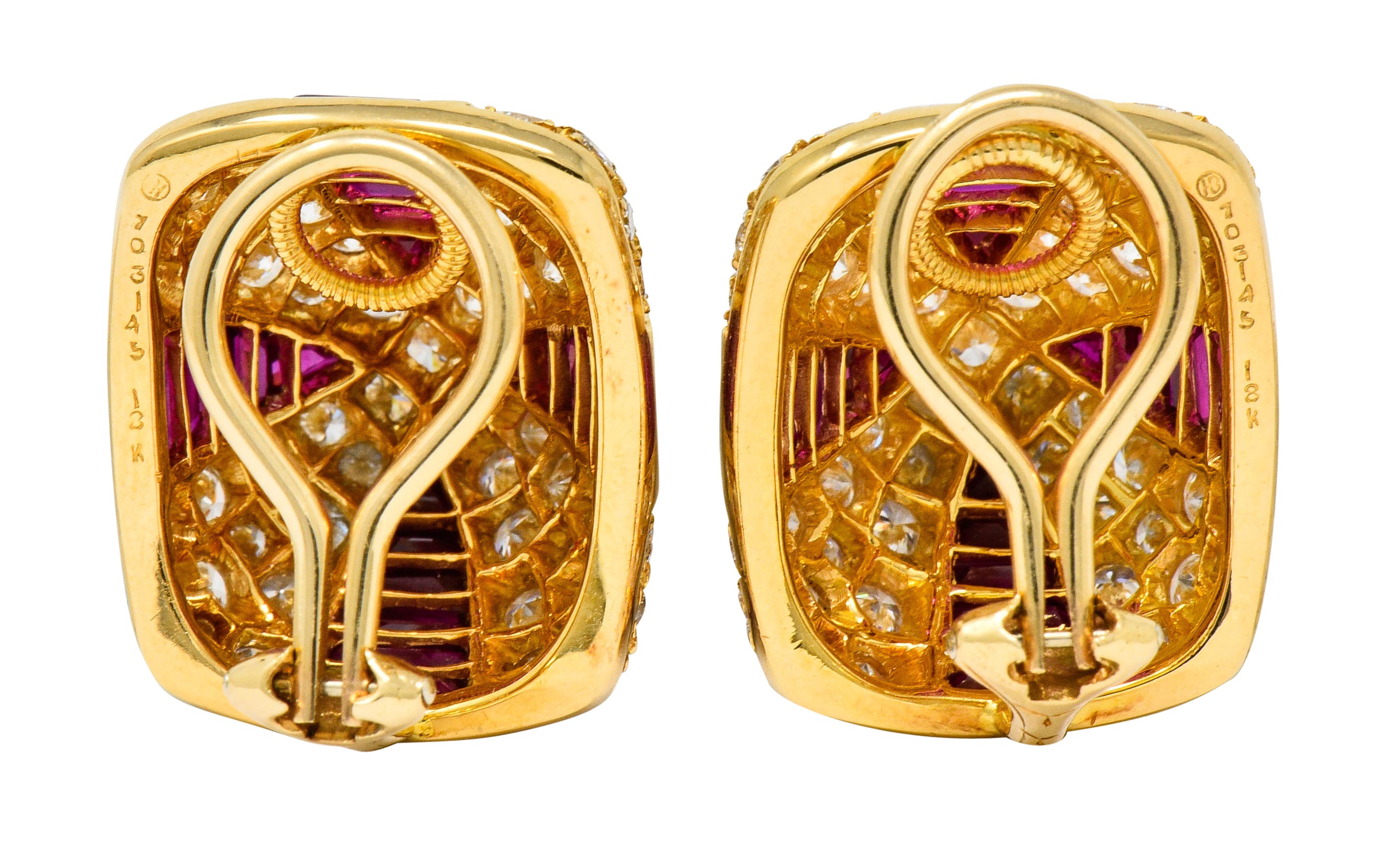 Oscar Heyman 9.02 CTW Diamond Ruby 18 Karat Gold Pave Pyramidal Ear-Clip Earrings - Wilson's Estate Jewelry