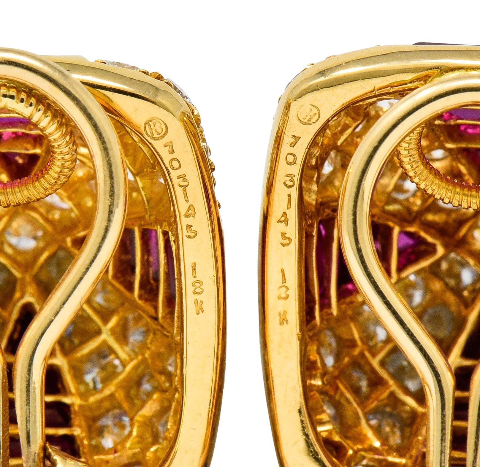 Oscar Heyman 9.02 CTW Diamond Ruby 18 Karat Gold Pave Pyramidal Ear-Clip Earrings - Wilson's Estate Jewelry