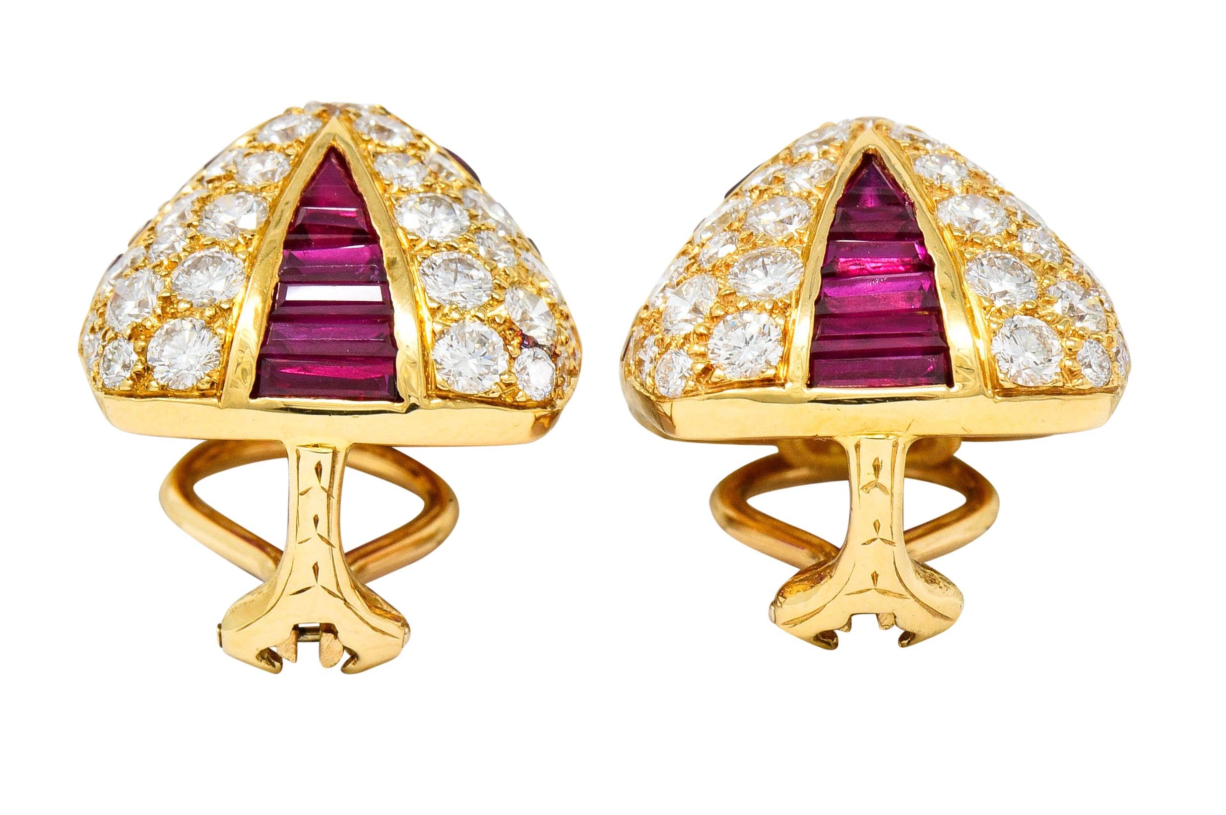 Oscar Heyman 9.02 CTW Diamond Ruby 18 Karat Gold Pave Pyramidal Ear-Clip Earrings - Wilson's Estate Jewelry