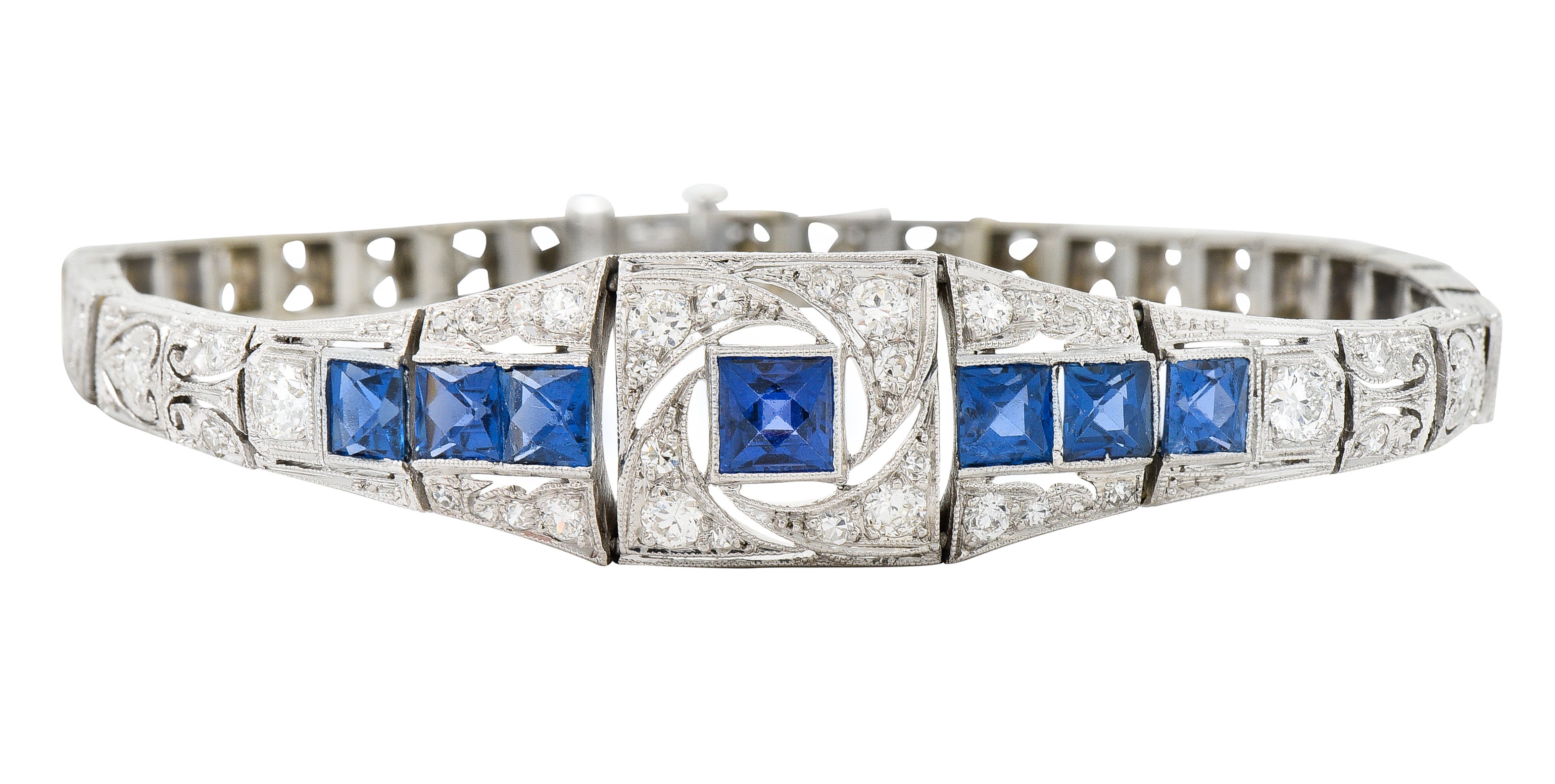 Brassler & Co. Art Deco 3.25 CTW Sapphire Diamond Platinum-Topped 14 Karat Gold Floral Link Bracelet Wilson's Estate Jewelry