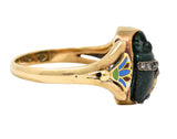 Victorian Egyptian Revival Diamond Enamel Carved Nephrite 14 Karat Yellow Gold Scarab Lotus Antique Ring Wilson's Estate Jewelry