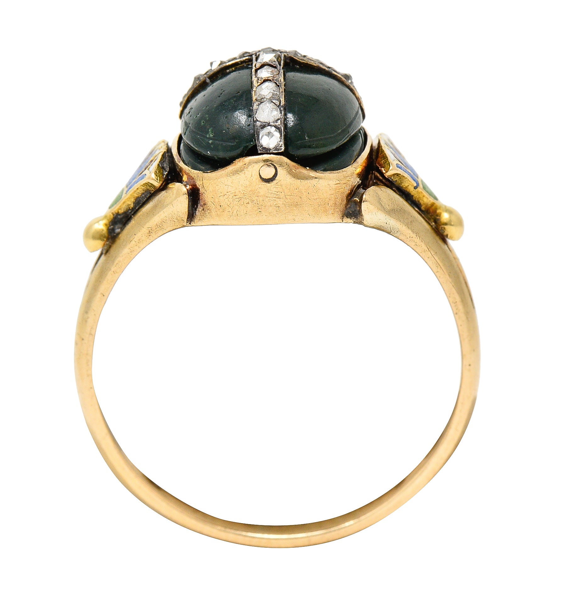 Victorian Egyptian Revival Diamond Enamel Carved Nephrite 14 Karat Yellow Gold Scarab Lotus Antique Ring Wilson's Estate Jewelry