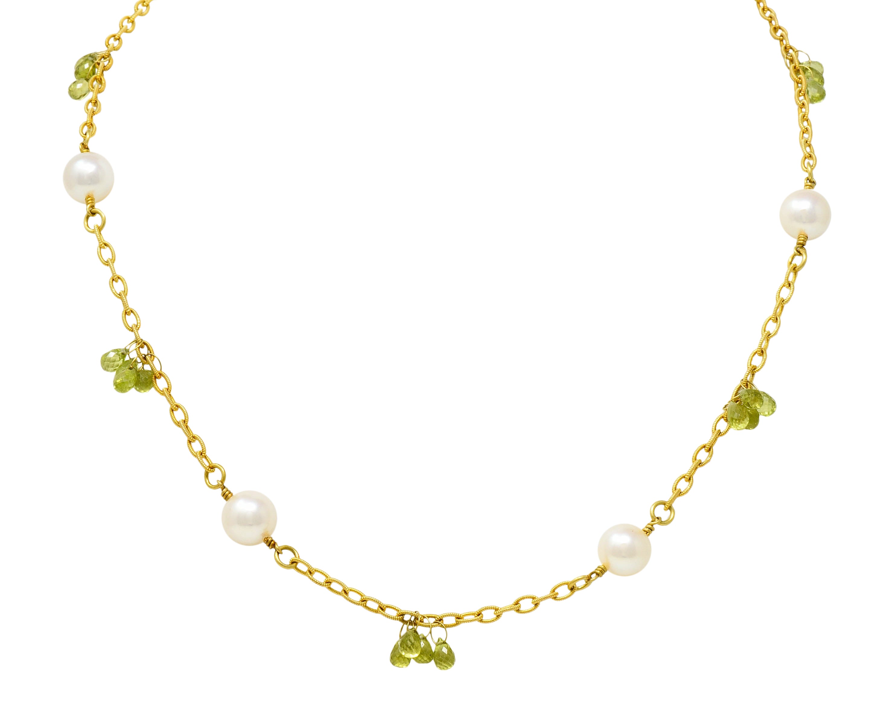 Contemporary Cultured Pearl Peridot 18 Karat Gold Station Necklace - Wilson's Estate Jewelry