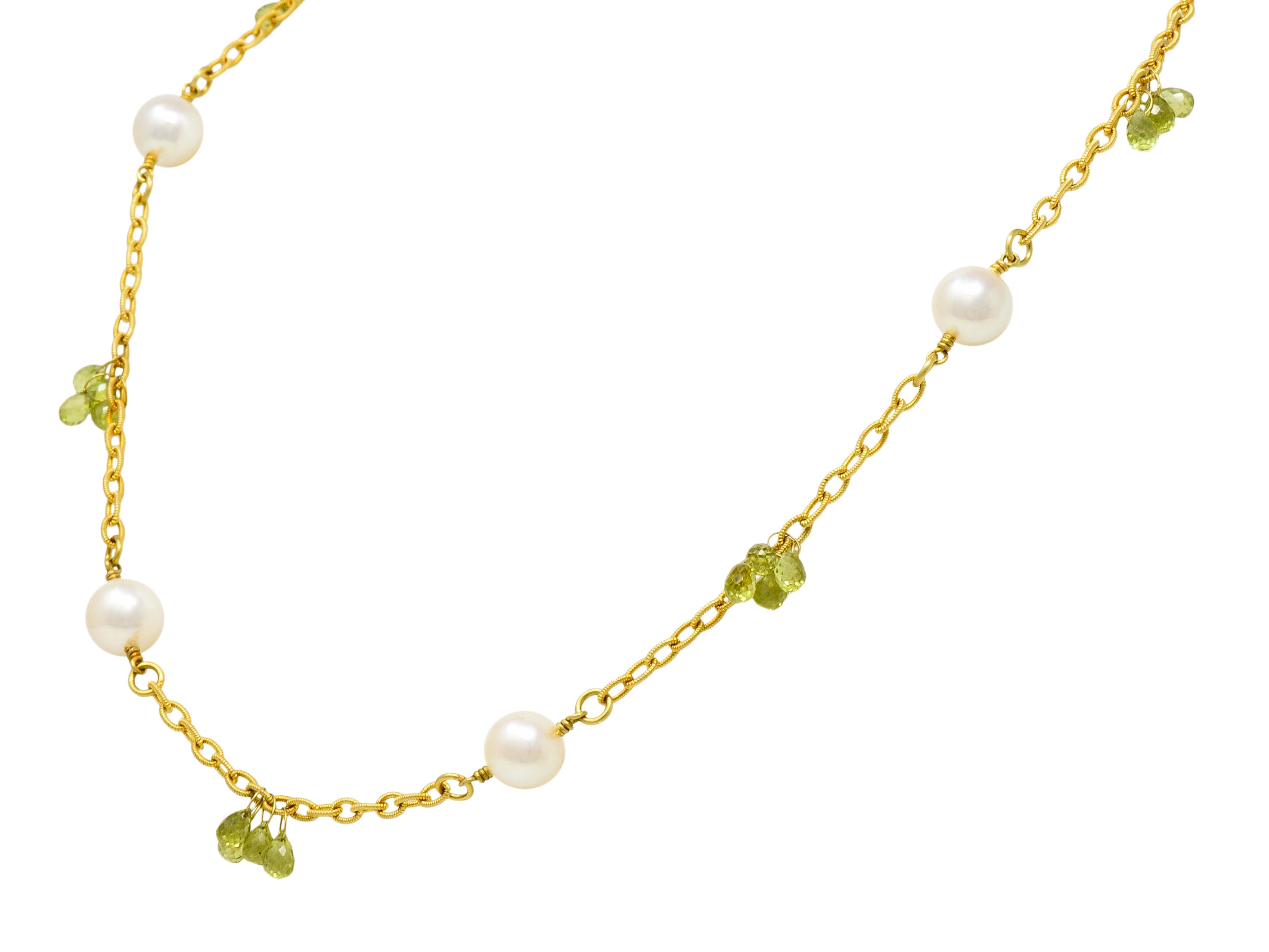 Contemporary Cultured Pearl Peridot 18 Karat Gold Station Necklace - Wilson's Estate Jewelry