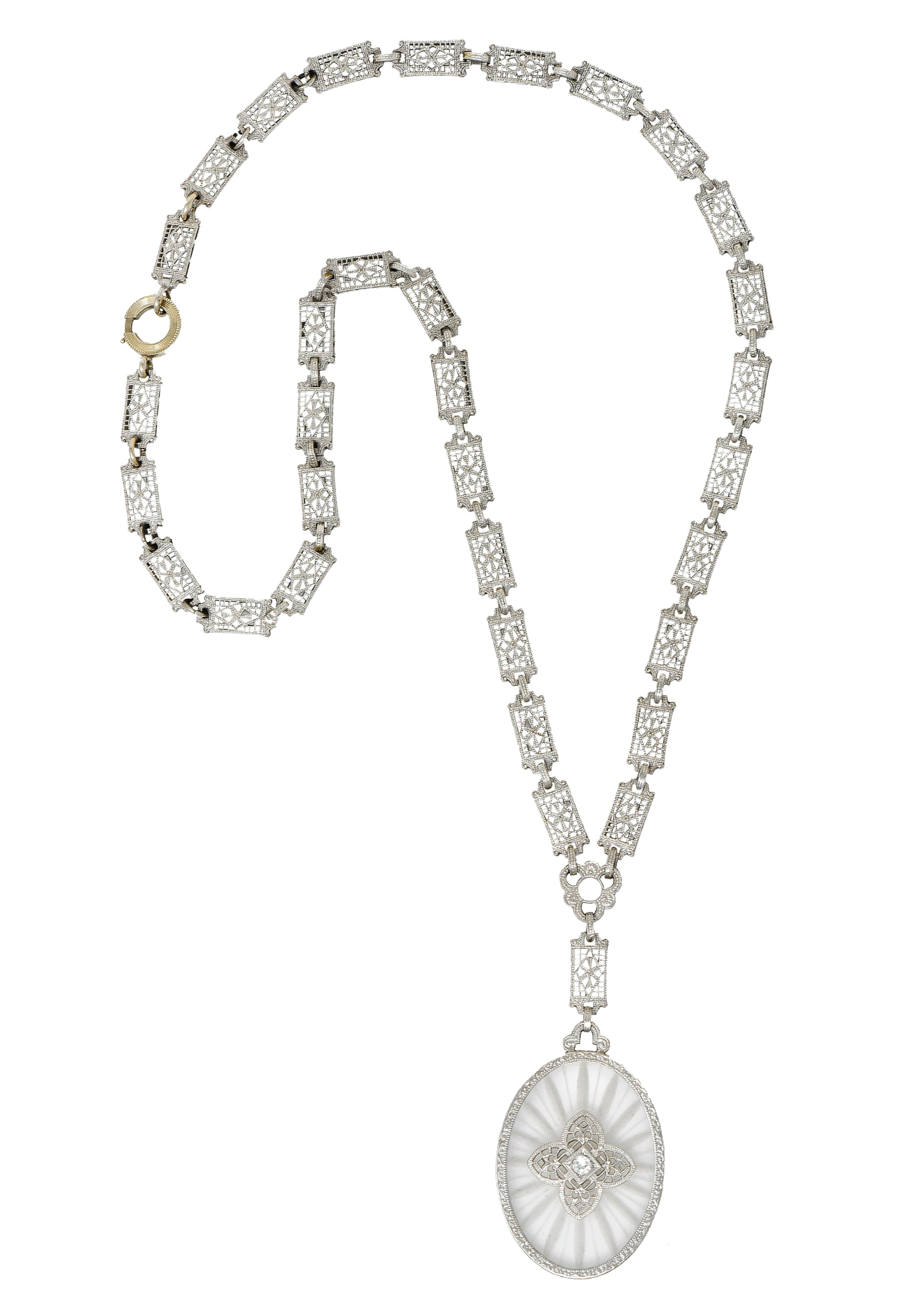 1920's Art Deco Diamond Camphor Glass Platinum Oval Drop Necklace - Wilson's Estate Jewelry