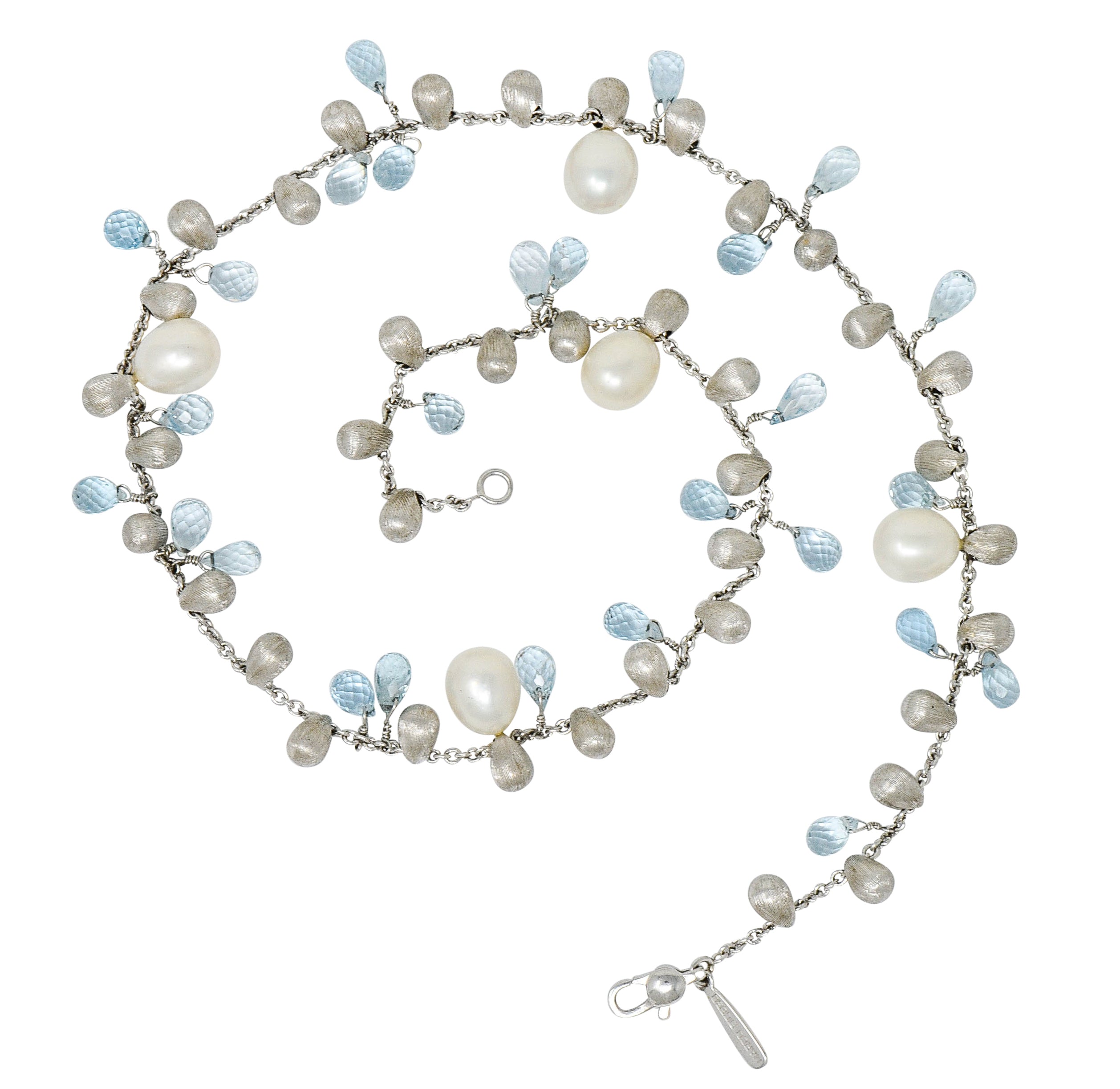 Marco Bicego Aquamarine Cultured Pearl 18 Karat White Gold Droplet Necklace - Wilson's Estate Jewelry