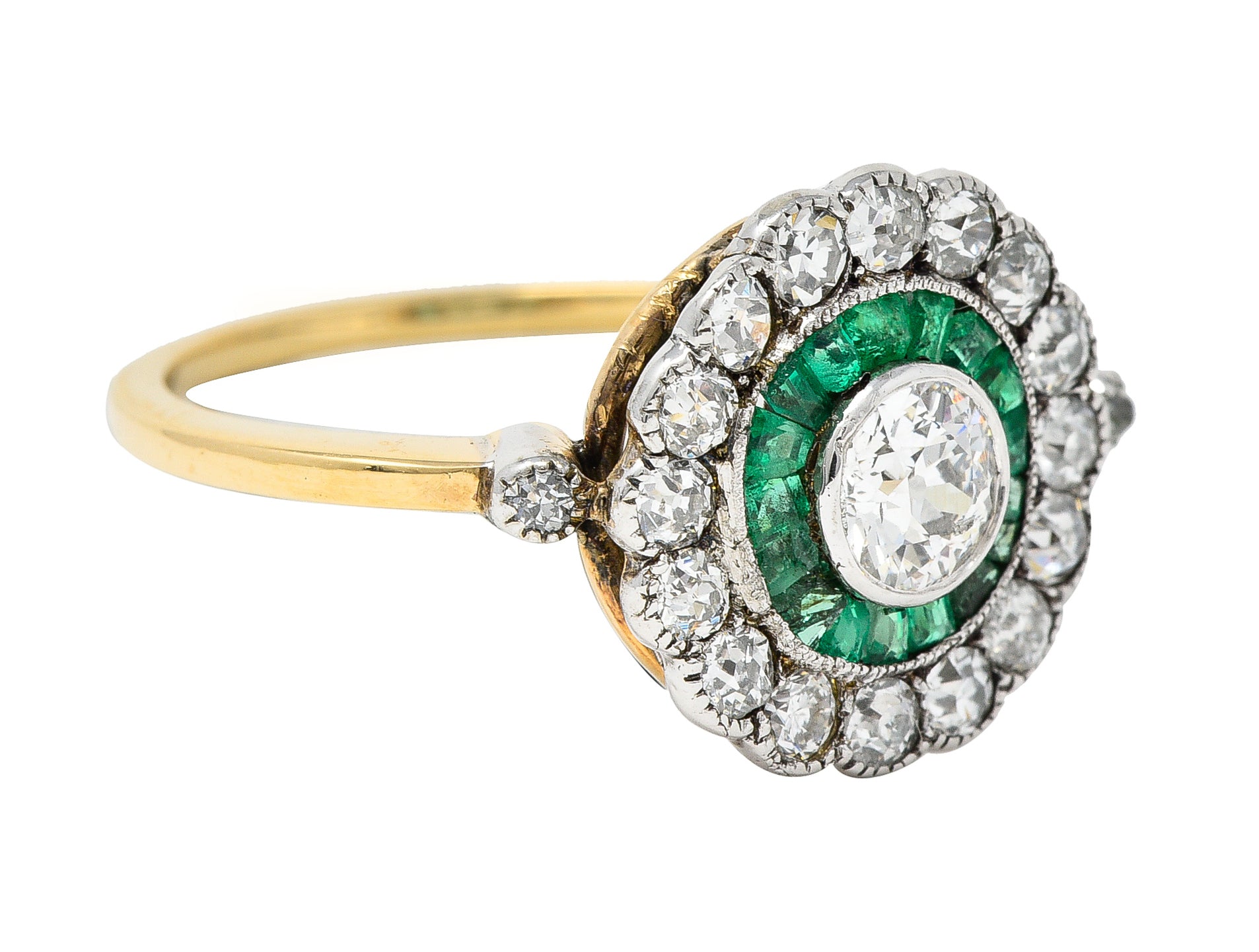 Edwardian 1.74 CTW Old European Cut Diamond Emerald Platinum-Topped 18 Karat Yellow Gold Antique Double Halo Ring Wilson's Estate Jewelry