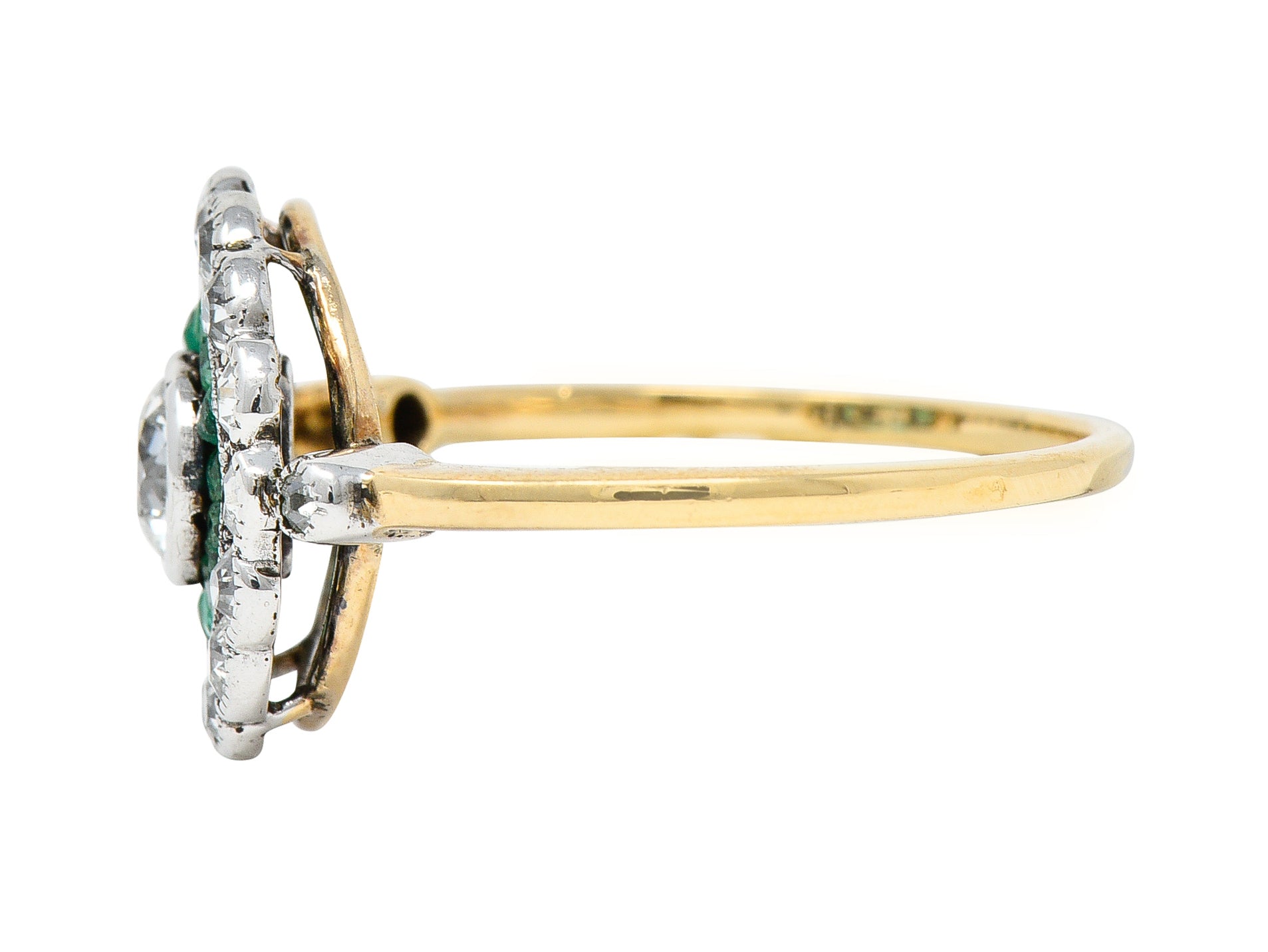 Edwardian 1.74 CTW Old European Cut Diamond Emerald Platinum-Topped 18 Karat Yellow Gold Antique Double Halo Ring Wilson's Estate Jewelry