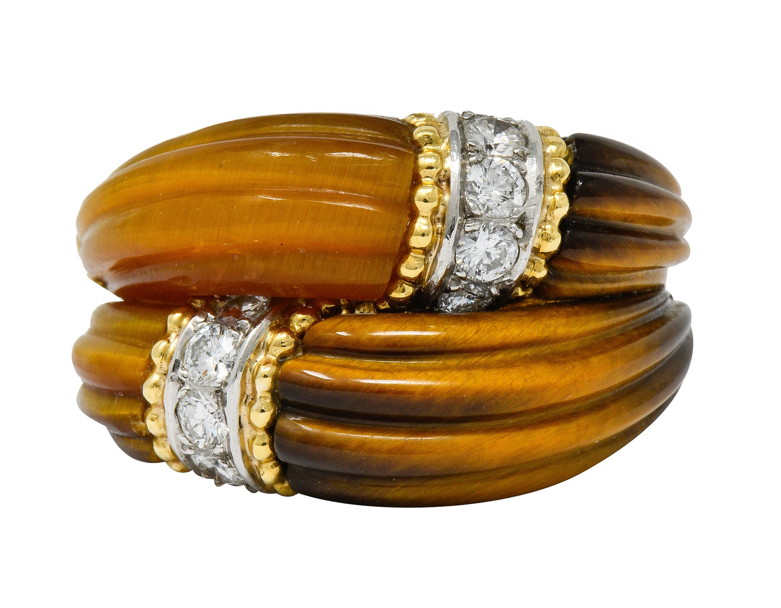 .11111 *Vintage Diamond Tiger's Eye Quartz 18 Karat Gold Fluted Band Ring - Wilson's Estate Jewelry