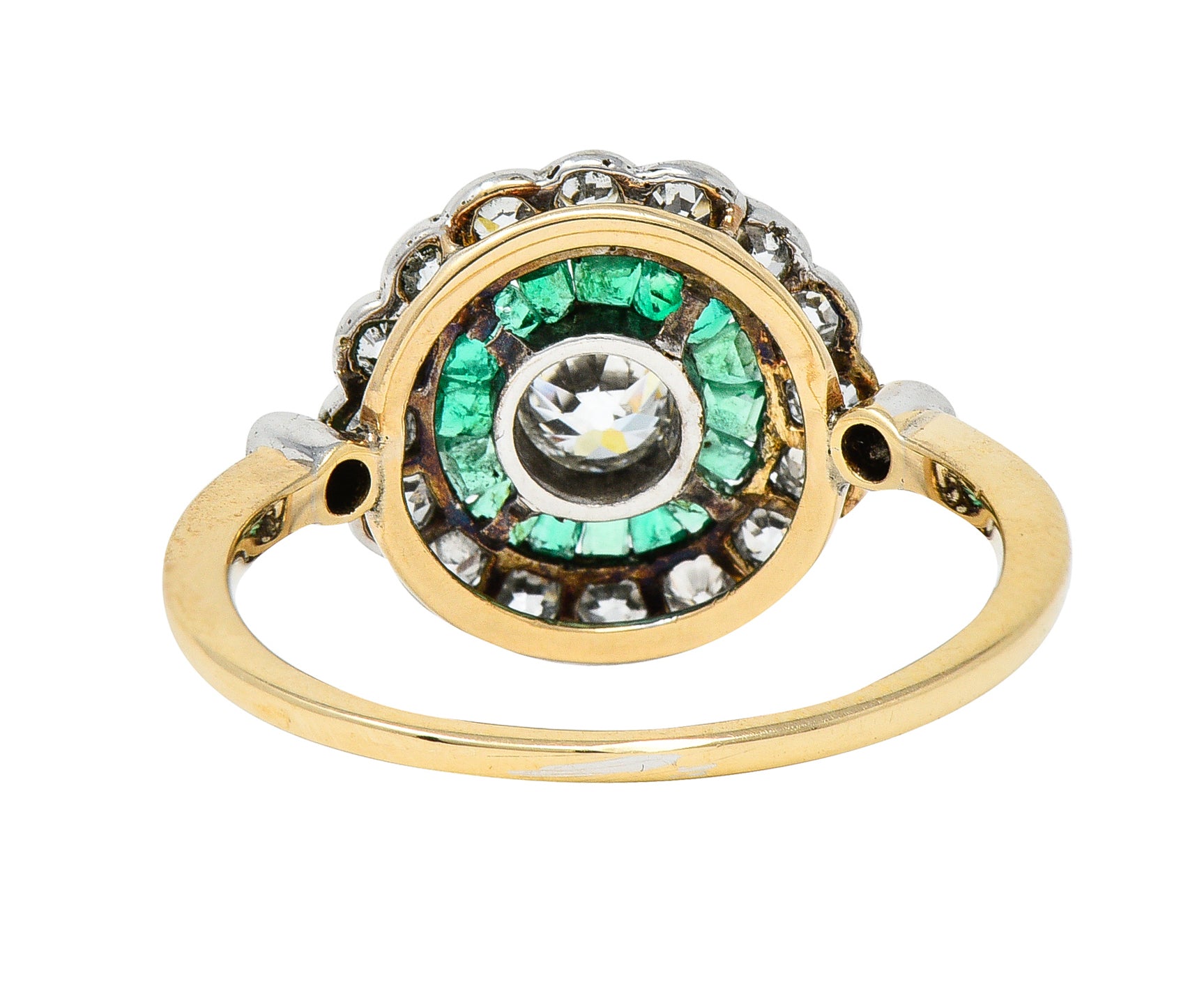 Edwardian 1.74 CTW Old European Cut Diamond Emerald Platinum-Topped 18 Karat Yellow Gold Antique Double Halo Ring Wilson's Estate Jewelry