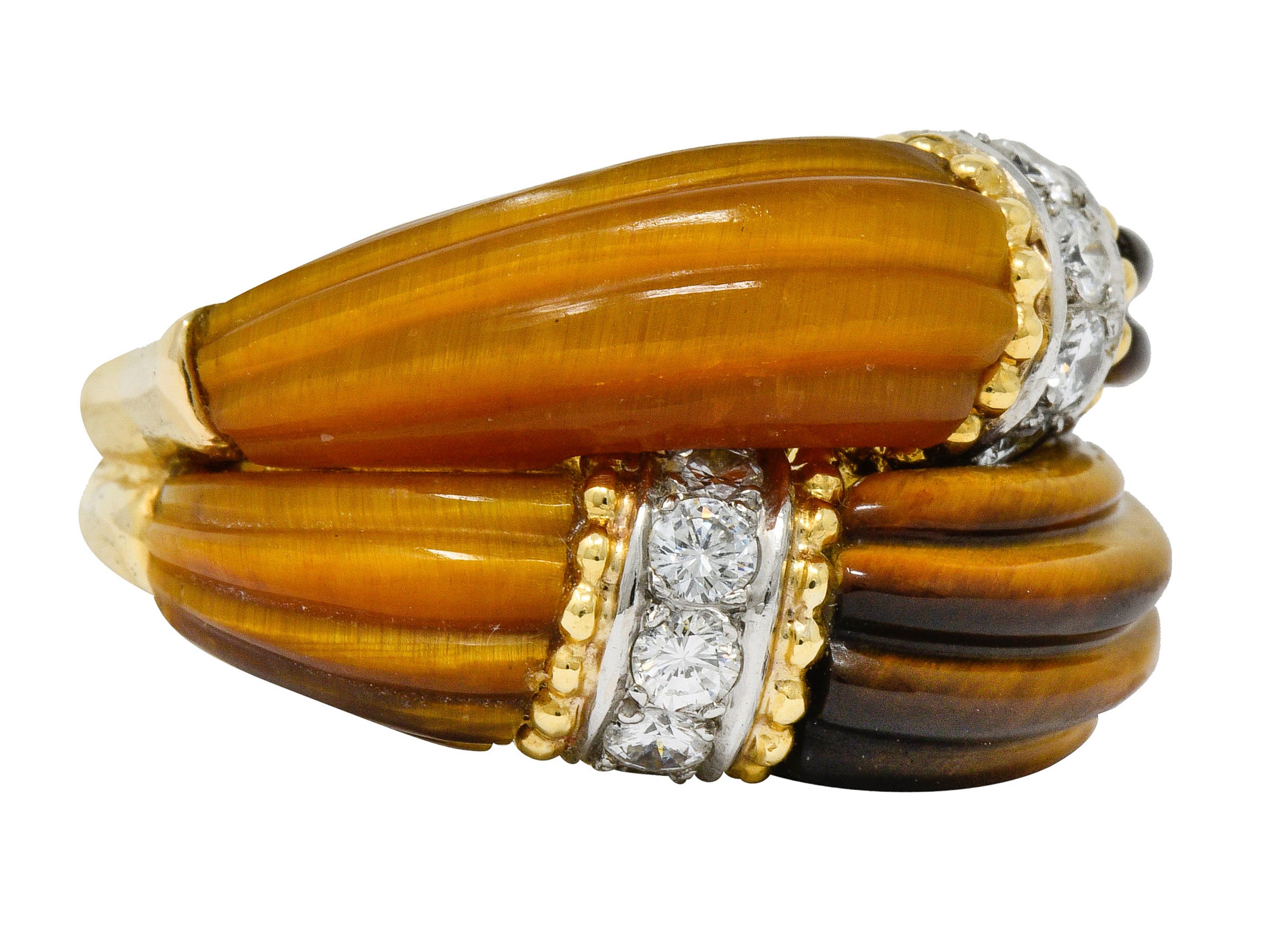 .11111 *Vintage Diamond Tiger's Eye Quartz 18 Karat Gold Fluted Band Ring - Wilson's Estate Jewelry