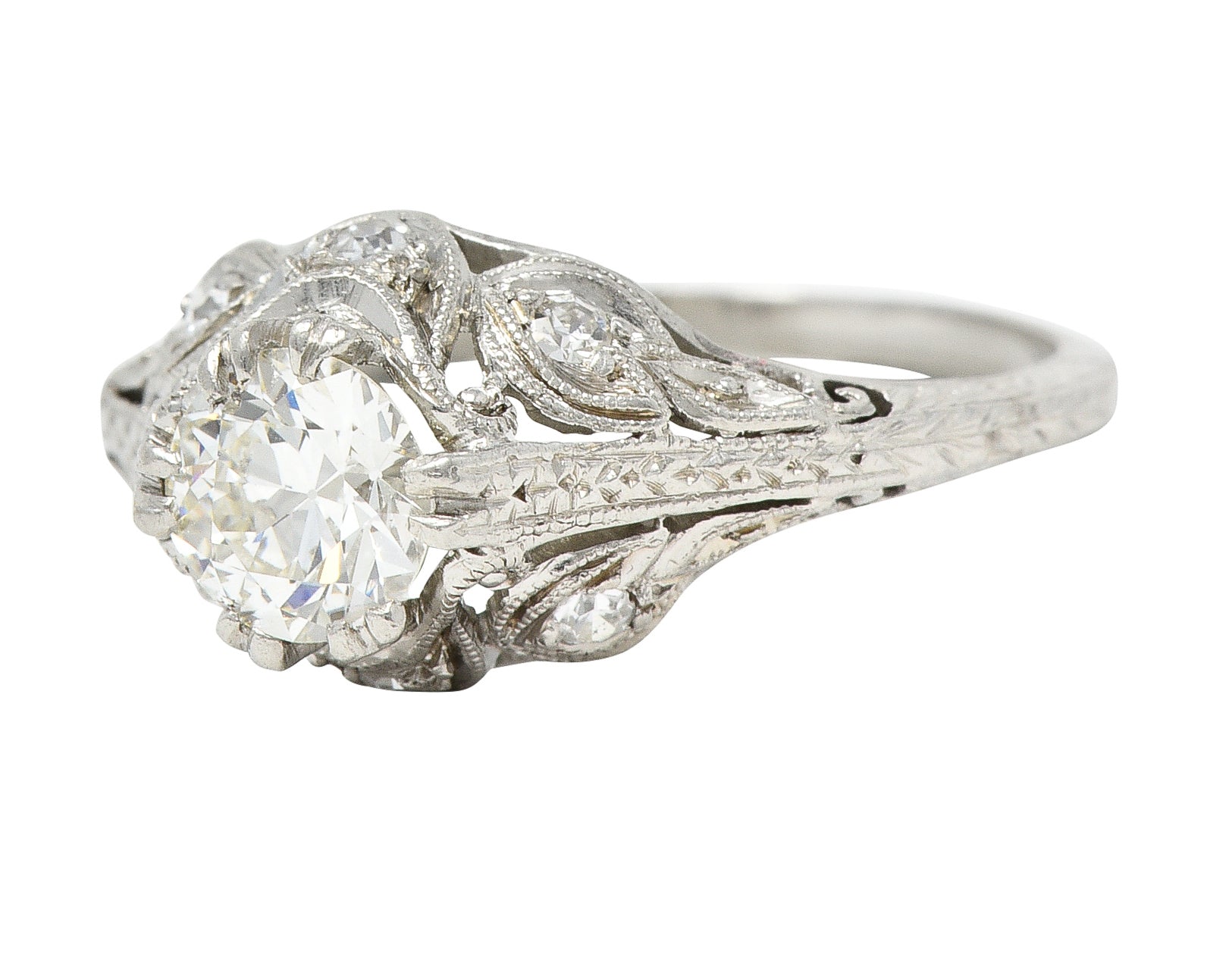 Art Deco 0.75 CTW Old European Cut Diamond Platinum Swirling Foliate Engagement Ring Wilson's Estate Jewelry