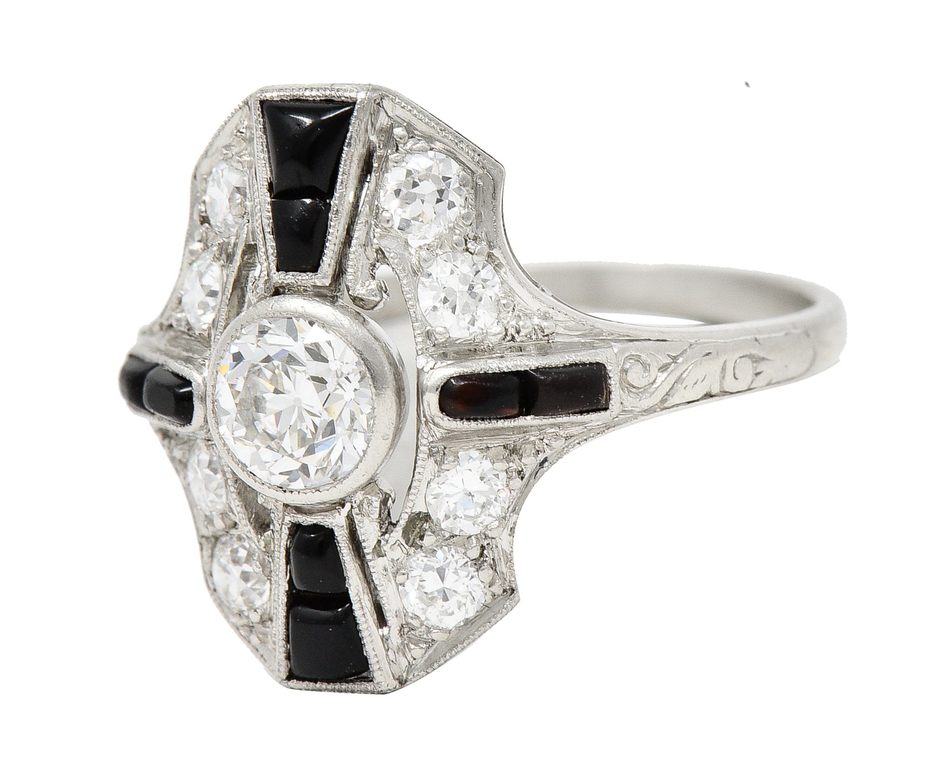 Tiffany & Co. Art Deco Old European Cut Diamond Onyx Platinum Shield Scroll Dinner Ring Wilson's Estate Jewelry