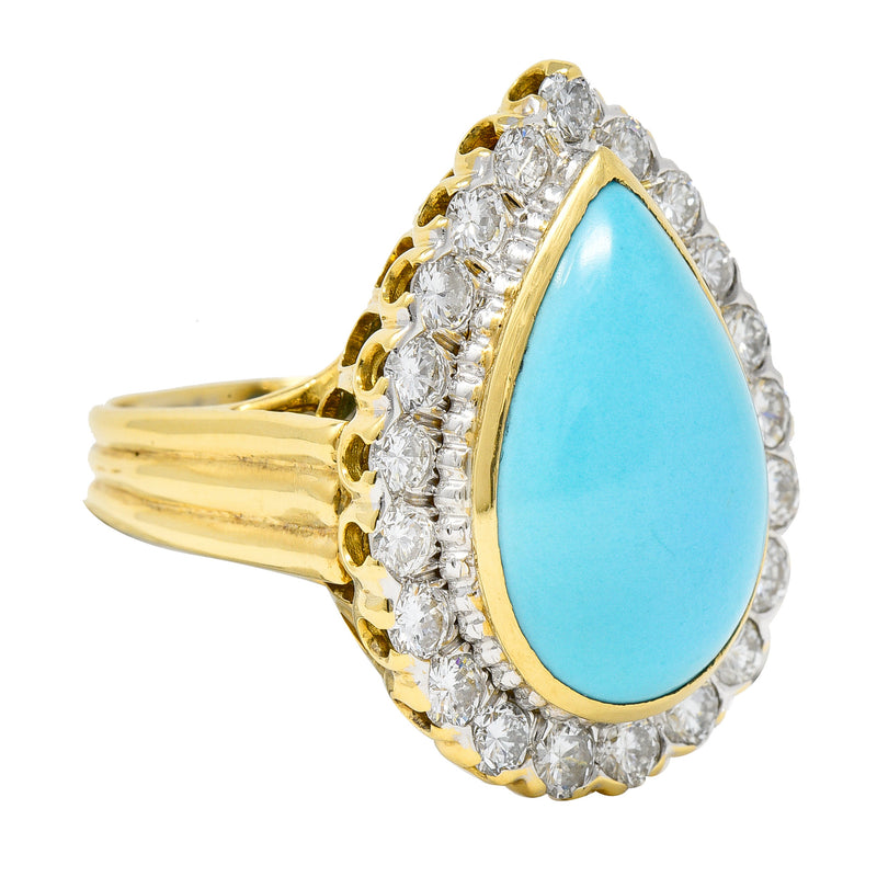 David Webb 1970's Turquoise Pear Shaped Cabochon Diamond Platinum-Topped 18 Karat Yellow Gold Vintage Halo Ring Wilson's Estate Jewelry