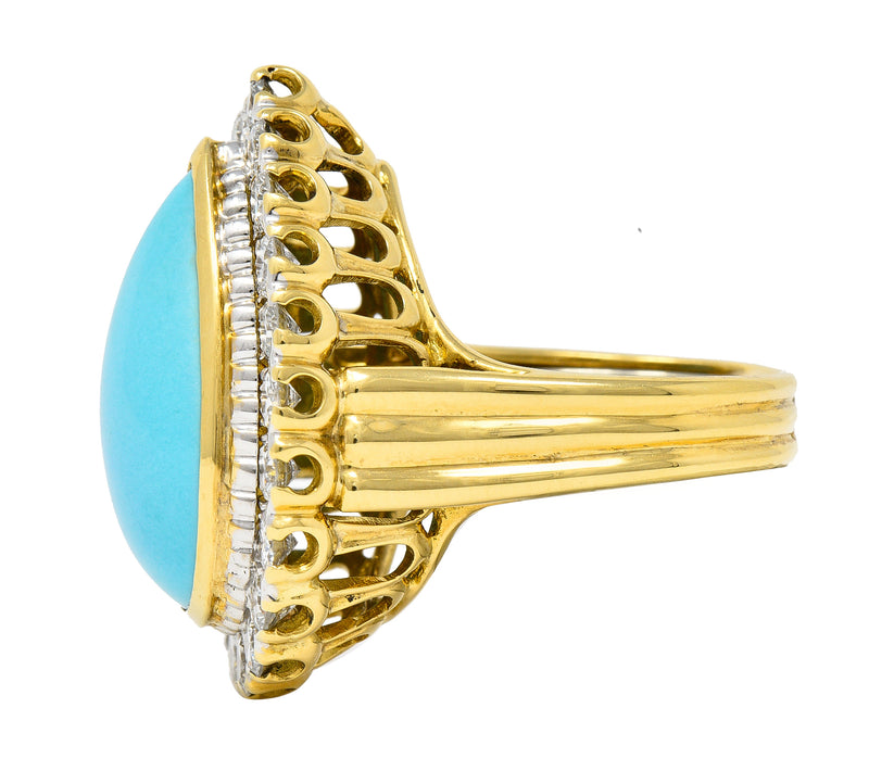 David Webb 1970's Turquoise Pear Shaped Cabochon Diamond Platinum-Topped 18 Karat Yellow Gold Vintage Halo Ring Wilson's Estate Jewelry