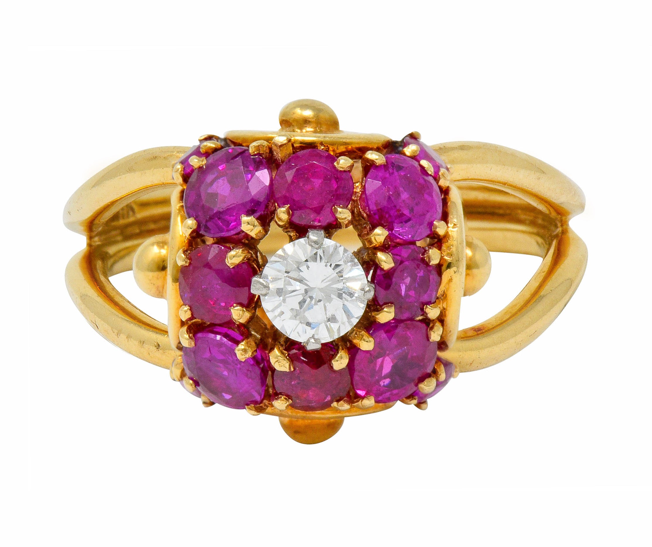 .11111 *Vintage Diamond Ruby 14 Karat Gold Pave Ball Ring - Wilson's Estate Jewelry