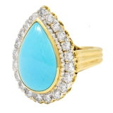 David Webb 1970's Turquoise Pear Shaped Cabochon Diamond Platinum-Topped 18 Karat Yellow Gold Vintage Halo Ring Wilson's Estate Jewelry