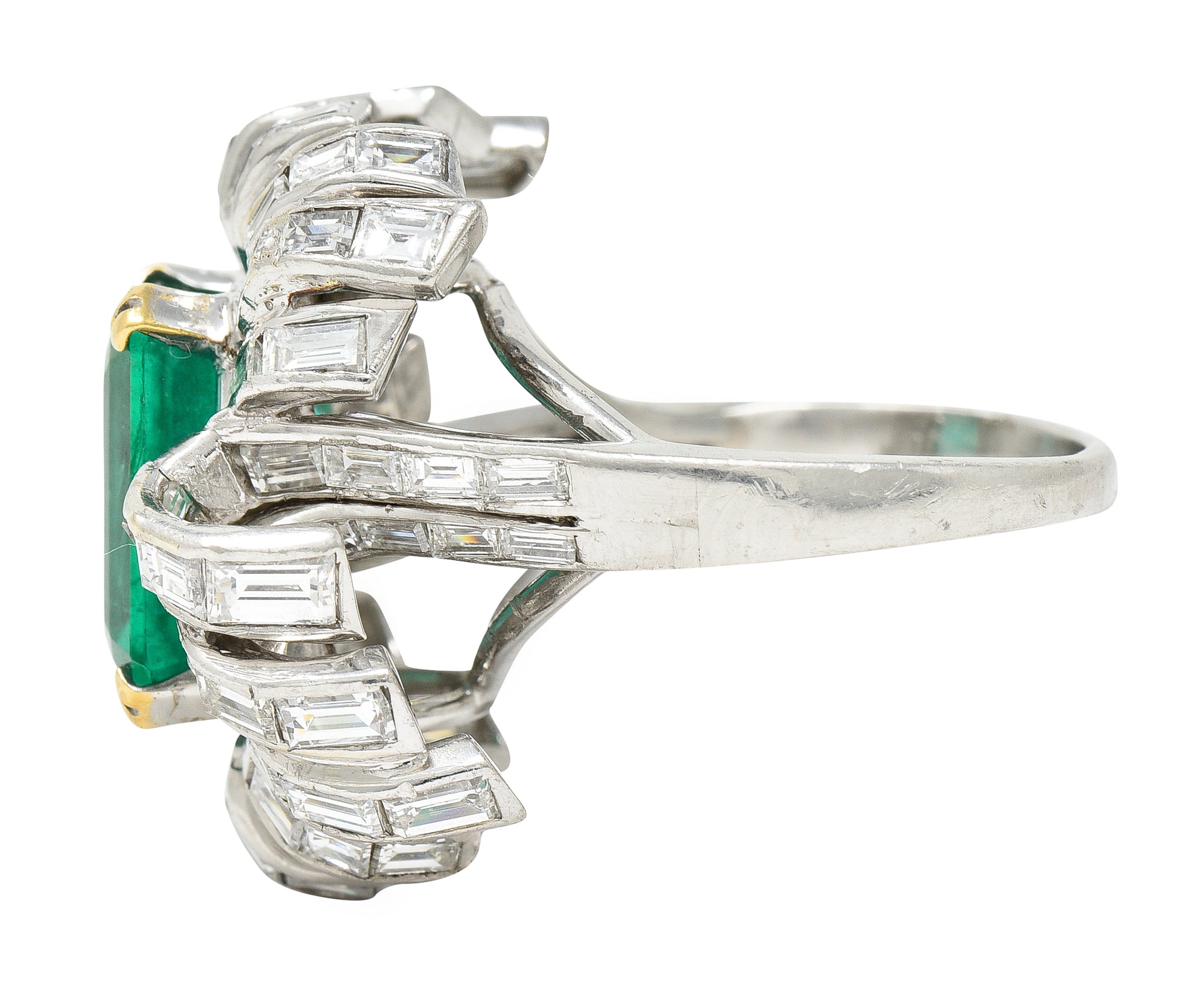 French 1950's Mid-Century 11.65 CTW Emerald Diamond Platinum 18 Karat Gold Cocktail Ring Wilson's Estate Jewelry