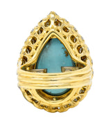 David Webb 1970's Turquoise Pear Shaped Cabochon Diamond Platinum-Topped 18 Karat Yellow Gold Vintage Halo Ring Wilson's Estate Jewelry