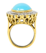 David Webb 1970's Turquoise Pear Shaped Cabochon Diamond Platinum-Topped 18 Karat Yellow Gold Vintage Halo Ring Wilson's Estate Jewelry