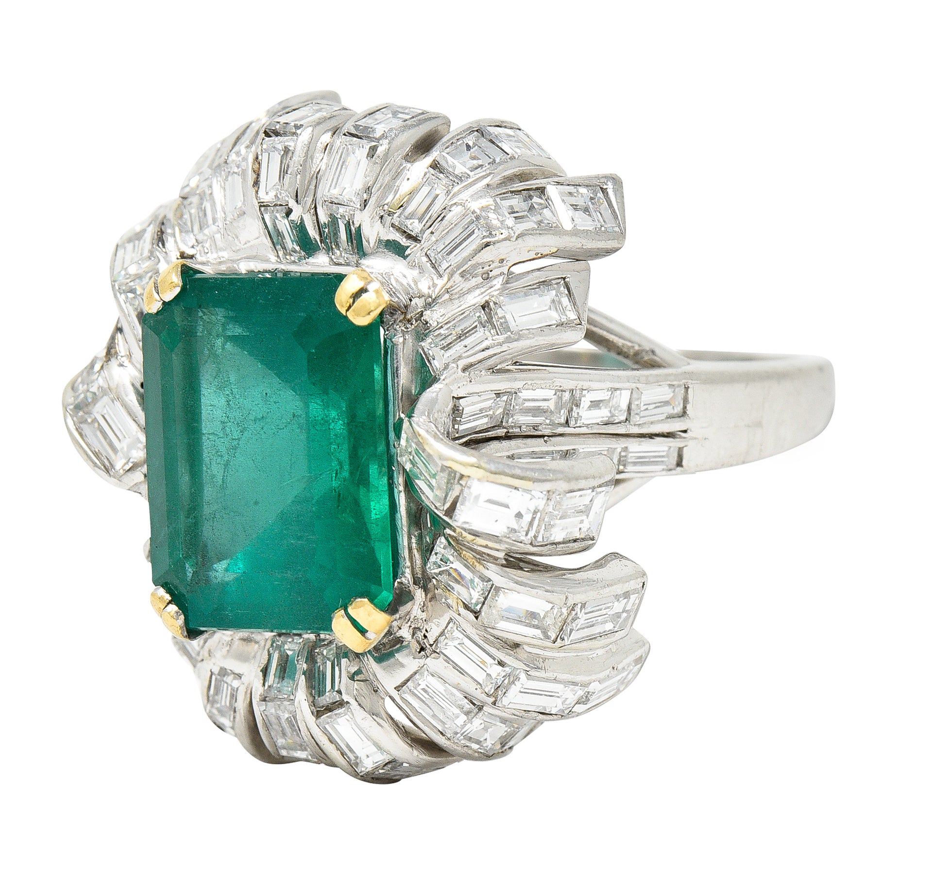 French 1950's Mid-Century 11.65 CTW Emerald Diamond Platinum 18 Karat Gold Cocktail Ring Wilson's Estate Jewelry