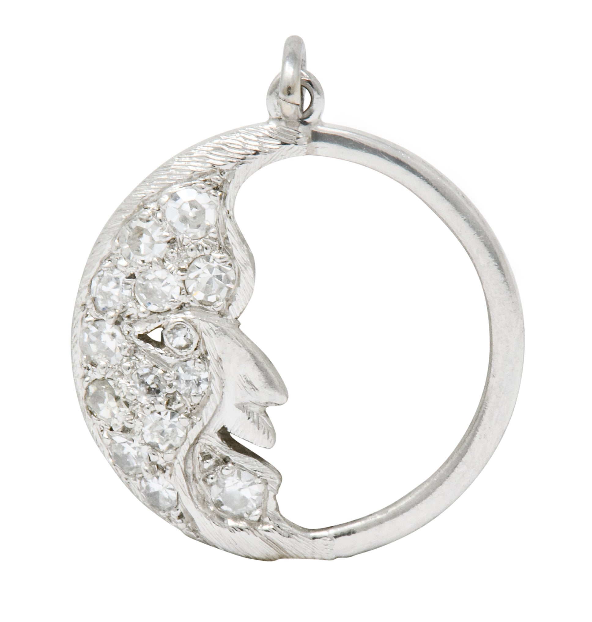 Art Deco Diamond Platinum Crescent Man-In-The-Moon Charm - Wilson's Estate Jewelry