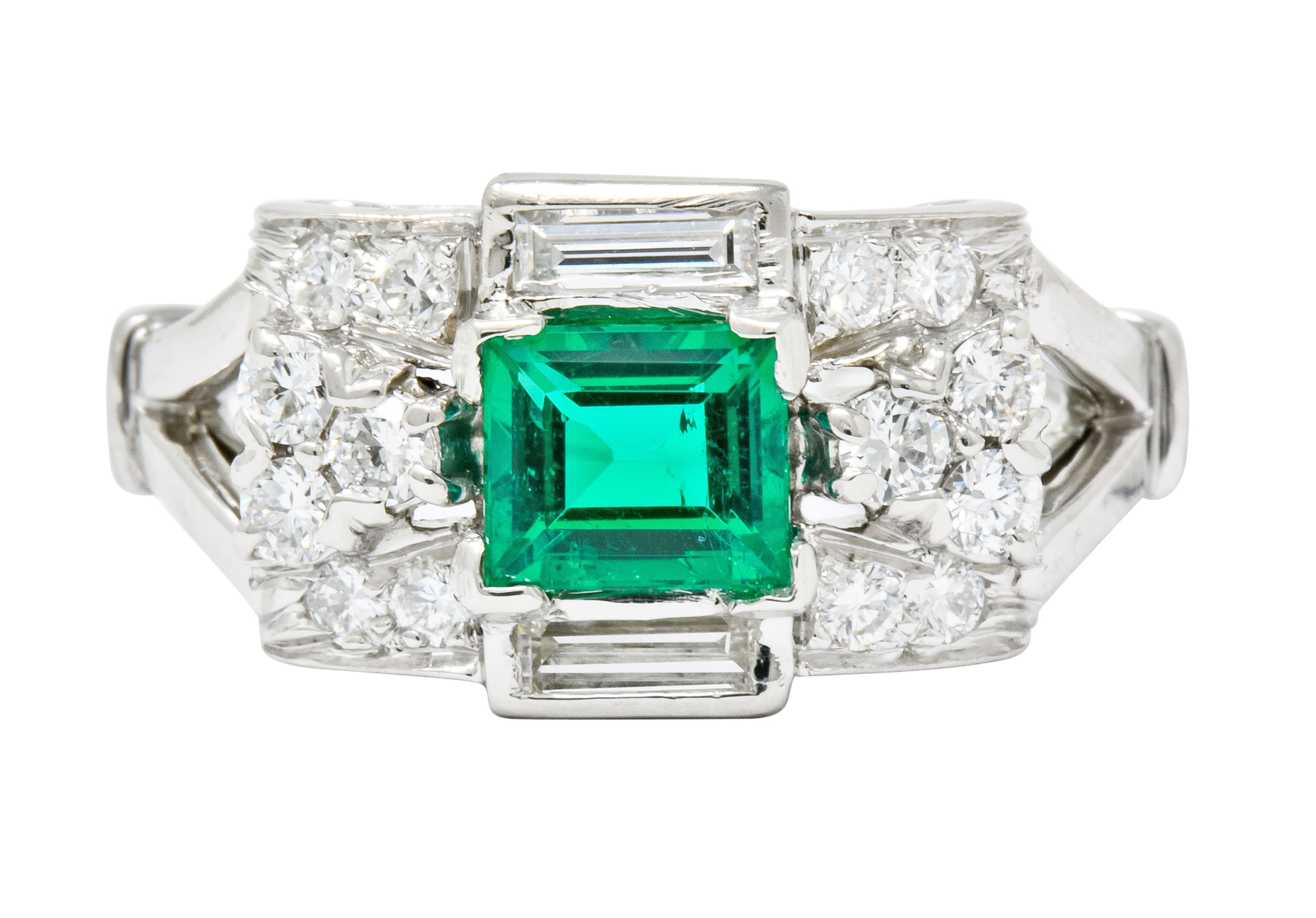 Tiffany & Co. Emerald Diamond Platinum Ring Circa 1950 - Wilson's Estate Jewelry