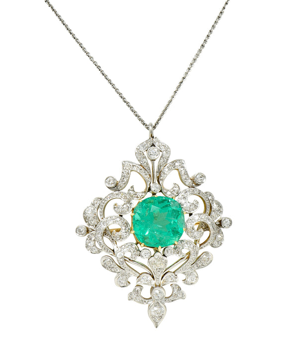 Edwardian 12.53 CTW Colombian Emerald Diamond Platinum 18 Karat Gold Pendant