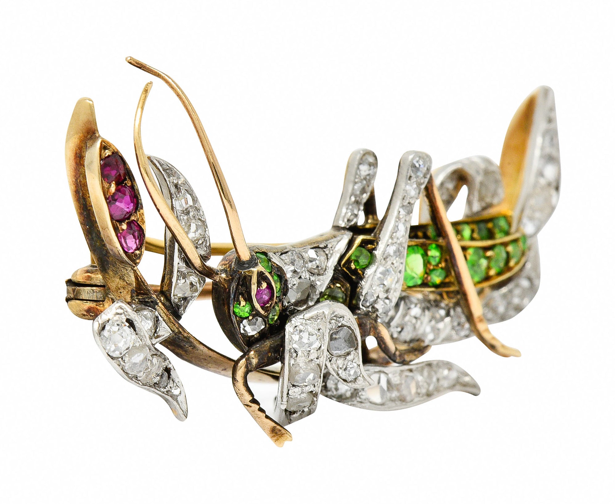 1900 Victorian Ruby Diamond Demantoid Garnet Platinum-Topped 14 Karat Gold Grasshopper BroochBrooch - Wilson's Estate Jewelry